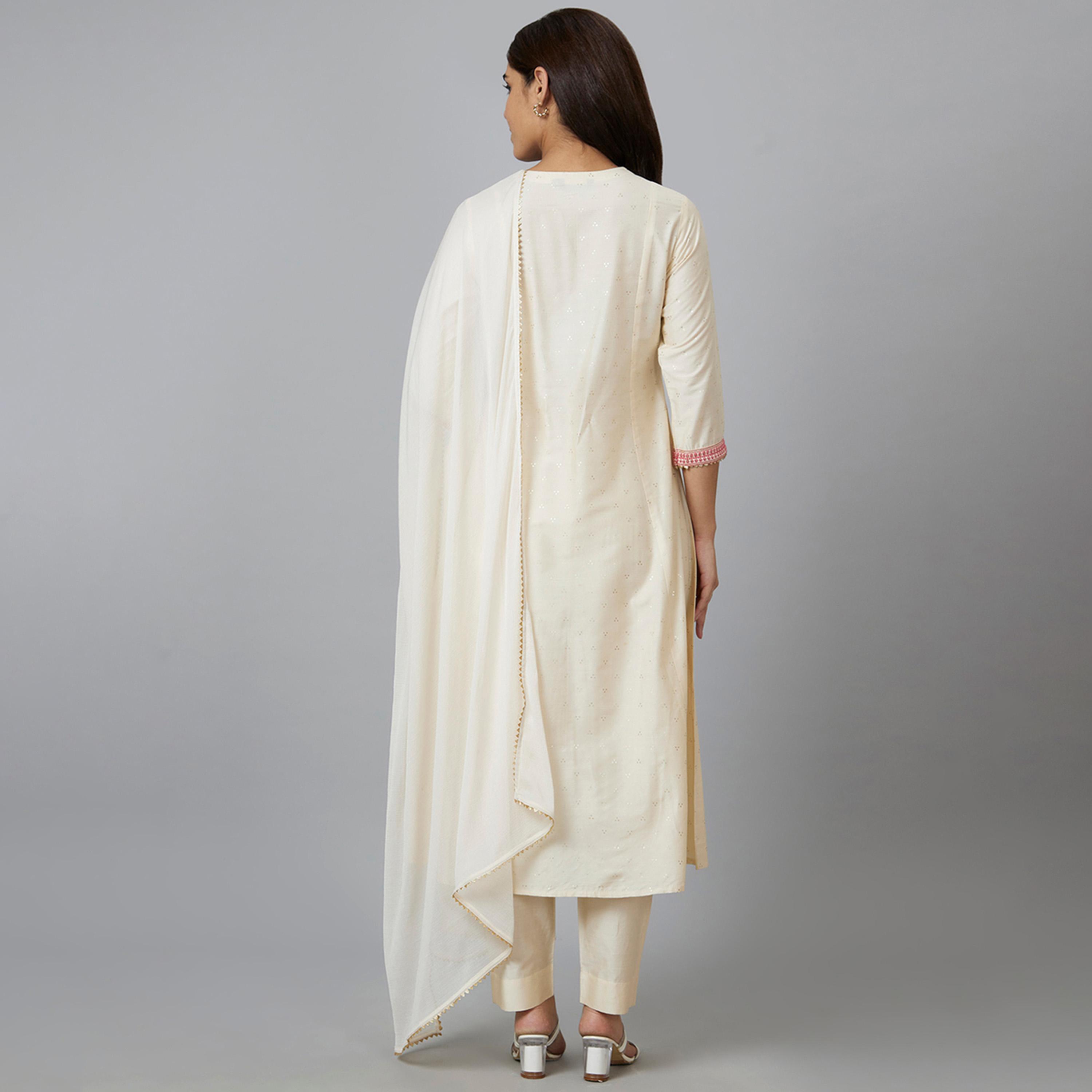Globus X Styli Globus Women Off White Embroidered A-Line Kurta Set With Trouser And Dupatta-women-clothing-ethnicwear-bottoms-pants-image-3