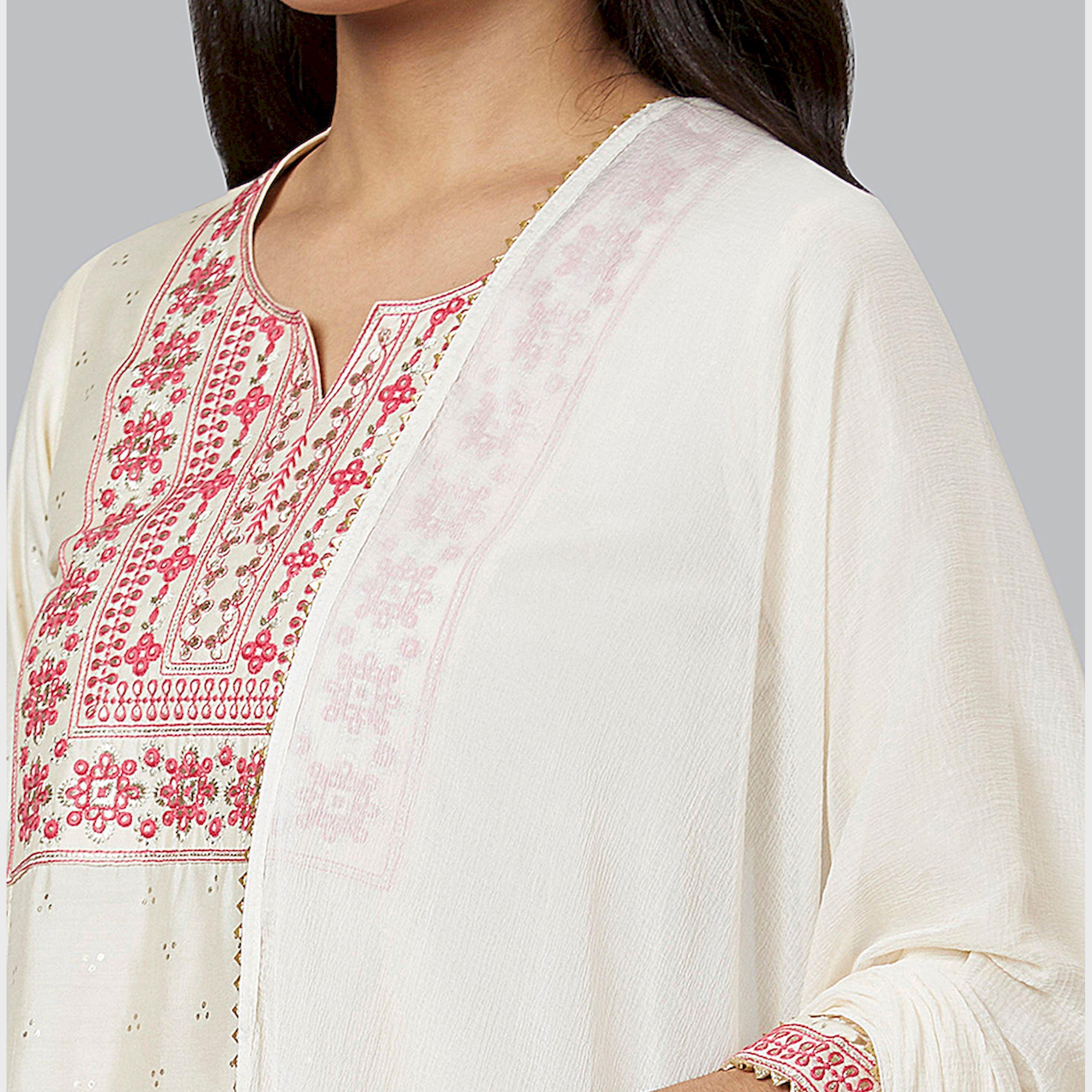 غلوبوس × ستايلي - طقم كورتا مطرز باللون الأبيض غلوبوس للنساء مع بنطال ووشاح-women-clothing-ethnicwear-bottoms-pants-image-5