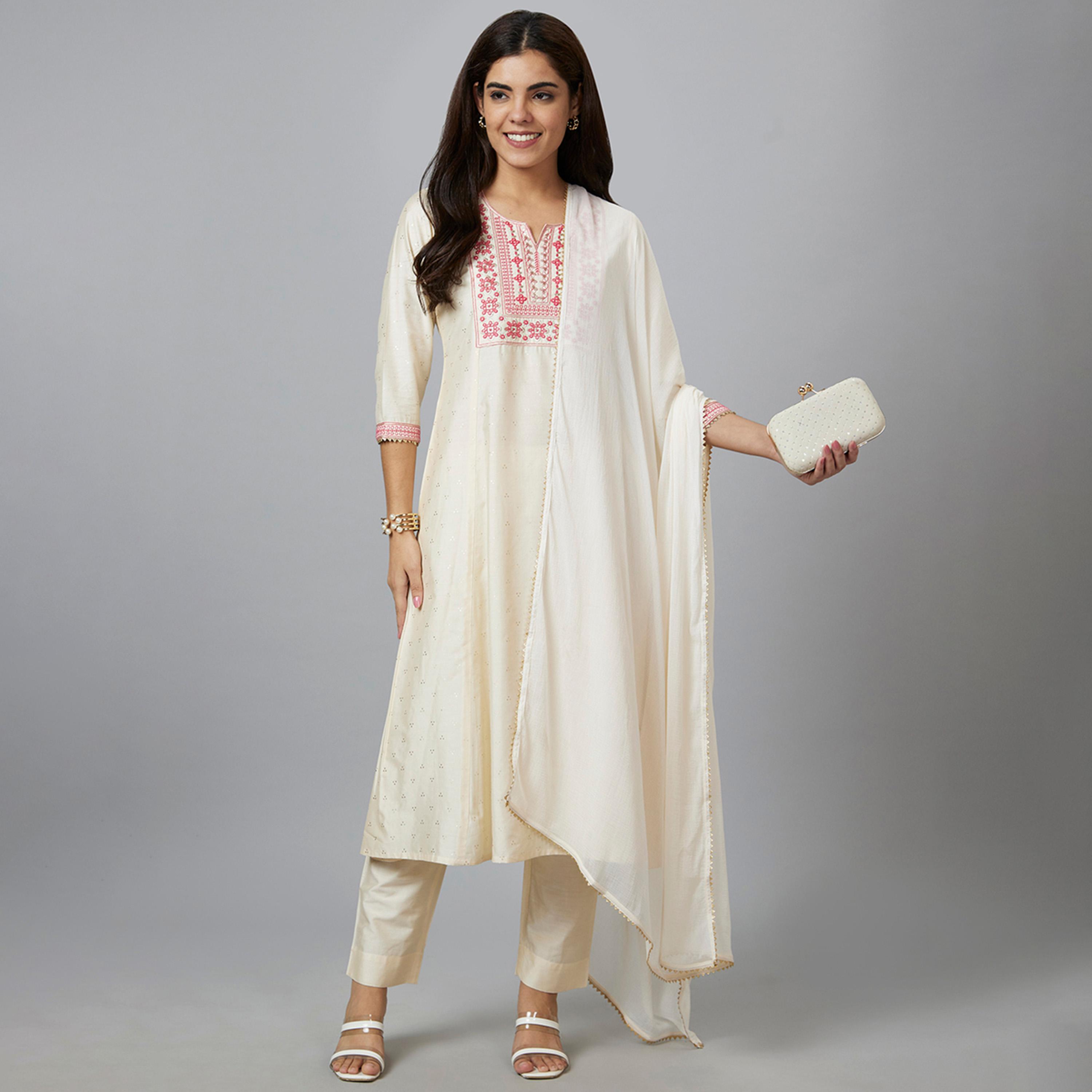 Globus X Styli Globus Women Off White Embroidered A-Line Kurta Set With Trouser And Dupatta-women-clothing-ethnicwear-bottoms-pants-image-6