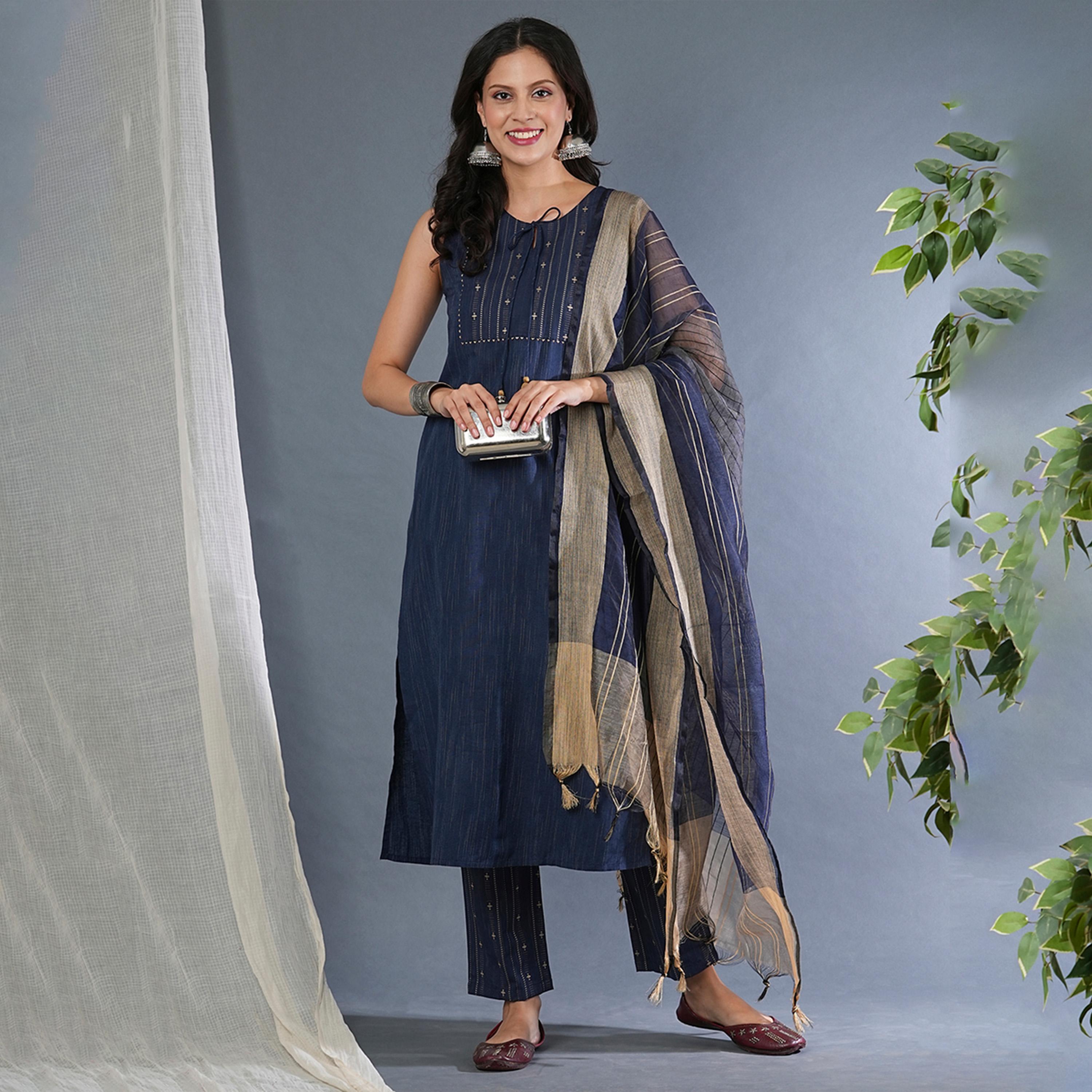 Globus X Styli Sleeveless Tie-Up Neck Straight Kurta With Pants And Dupatta Set-women-clothing-ethnicwear-kurtasets-image-1