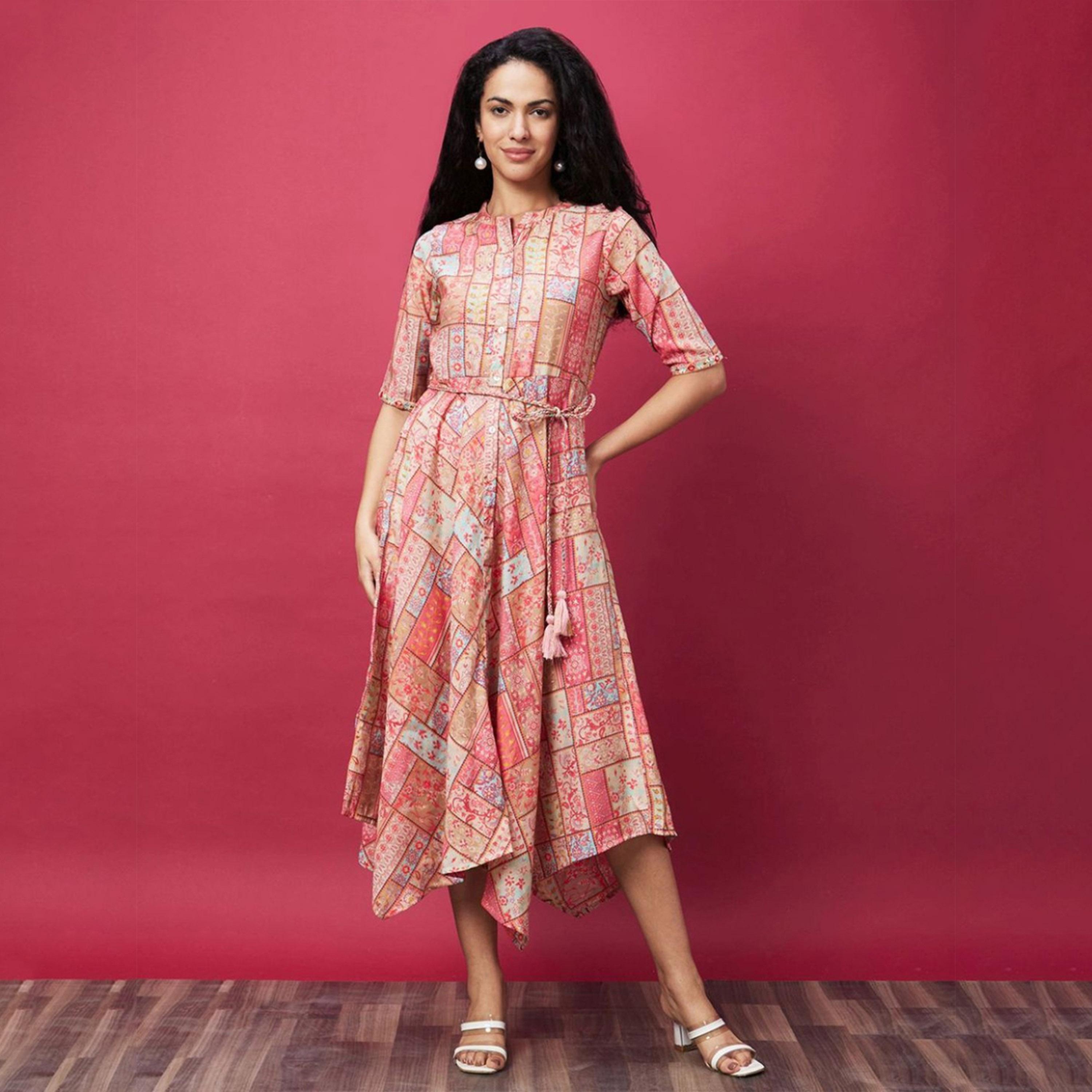 Globus X Styli Globus Women Coral Mandarin Collar All Over Printed Belted Dress-women-clothing-dresses-image-1