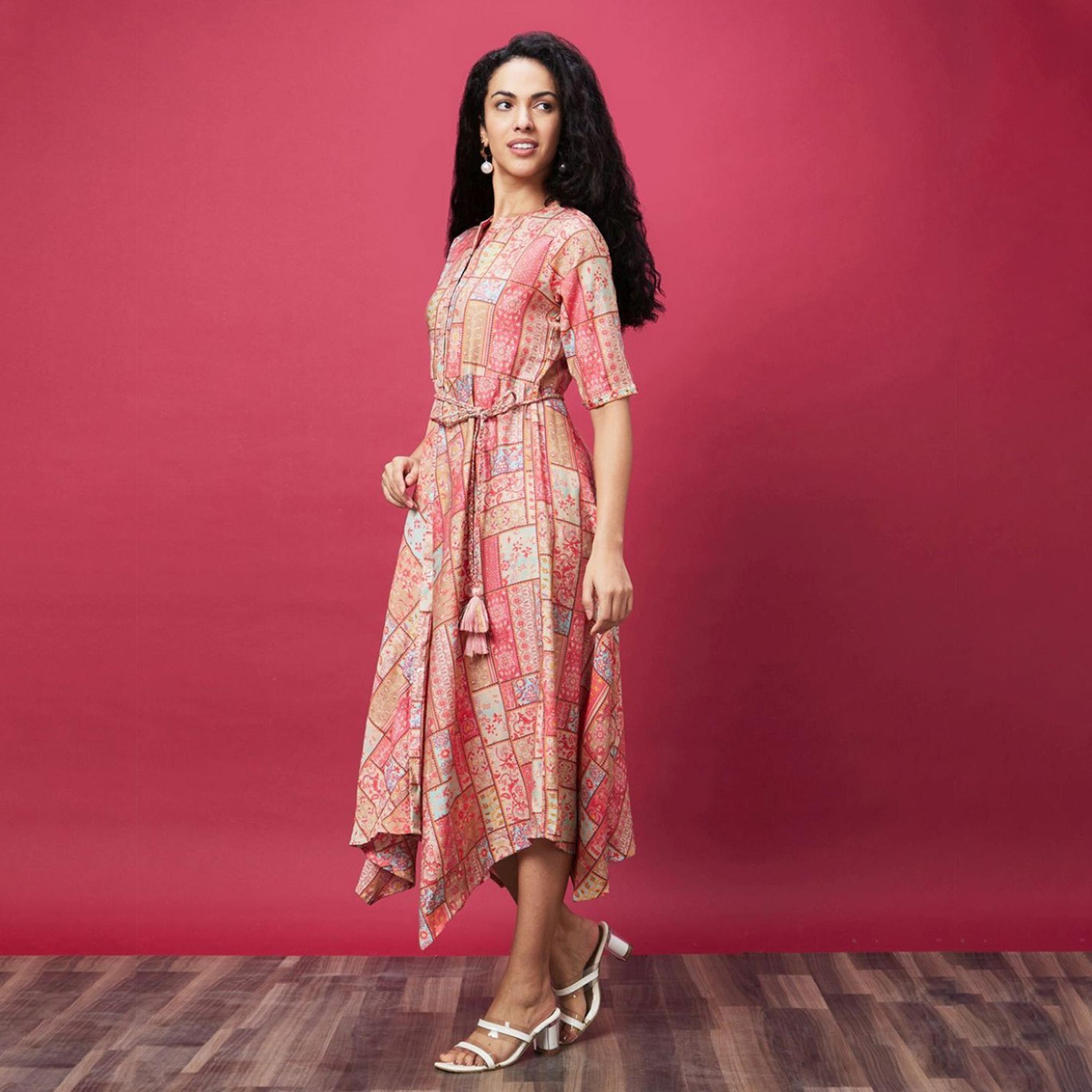 Globus X Styli Globus Women Coral Mandarin Collar All Over Printed Belted Dress-women-clothing-dresses-image-2
