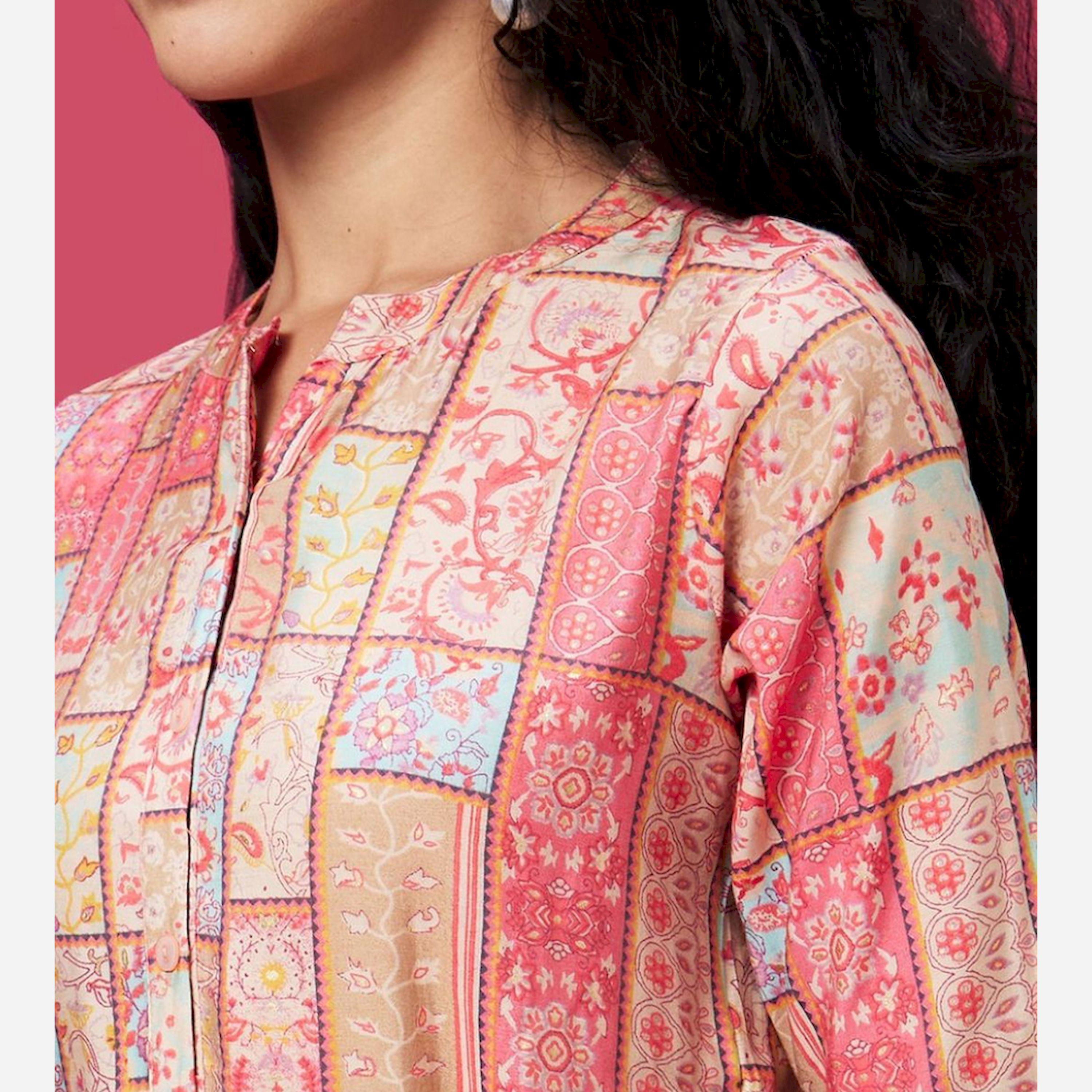 غلوبوس × ستايلي - فستان نسائي بحزام وياقة ماندرين مرجانية مطبوعة بالكامل-women-clothing-dresses-image-4