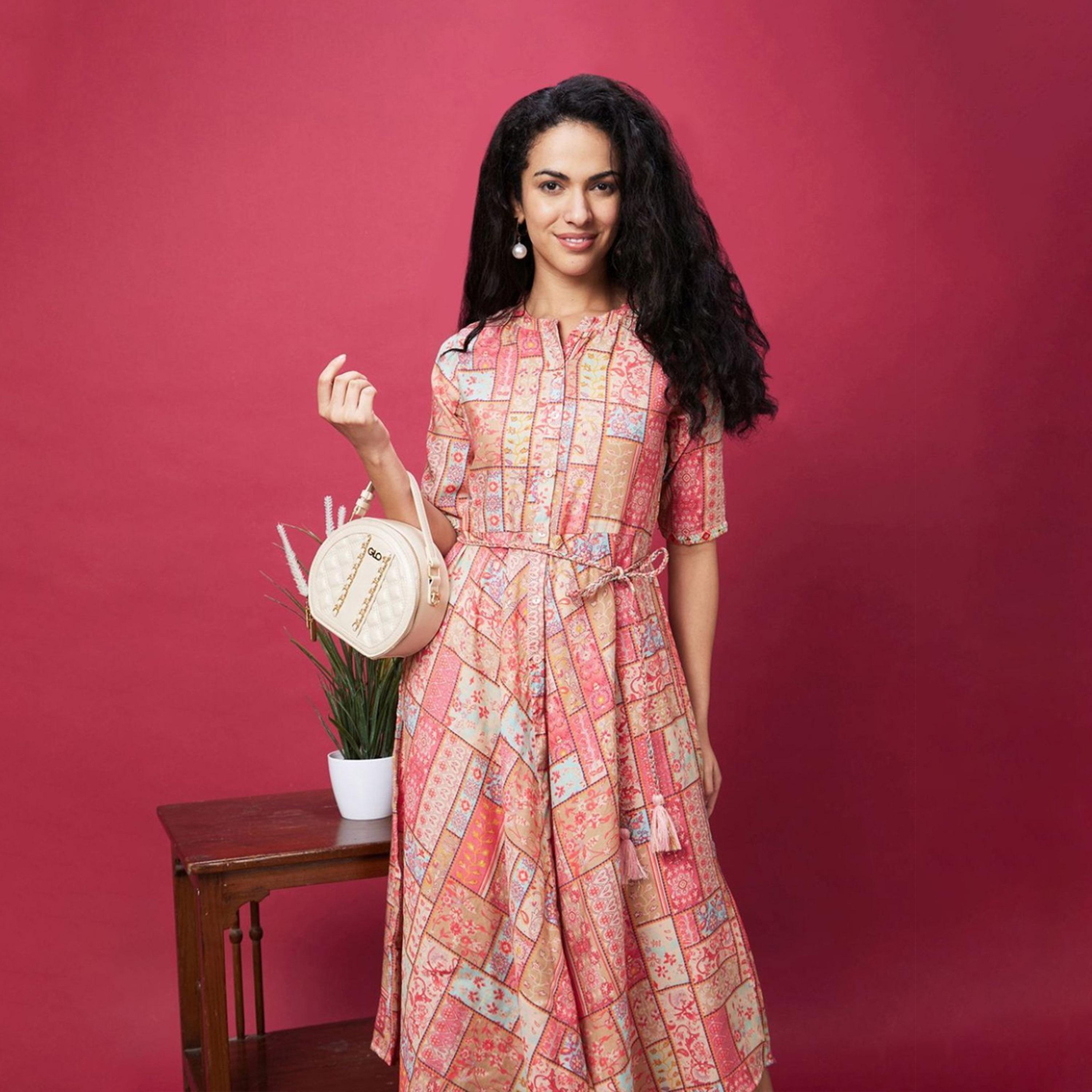 Globus X Styli Globus Women Coral Mandarin Collar All Over Printed Belted Dress-women-clothing-dresses-image-5