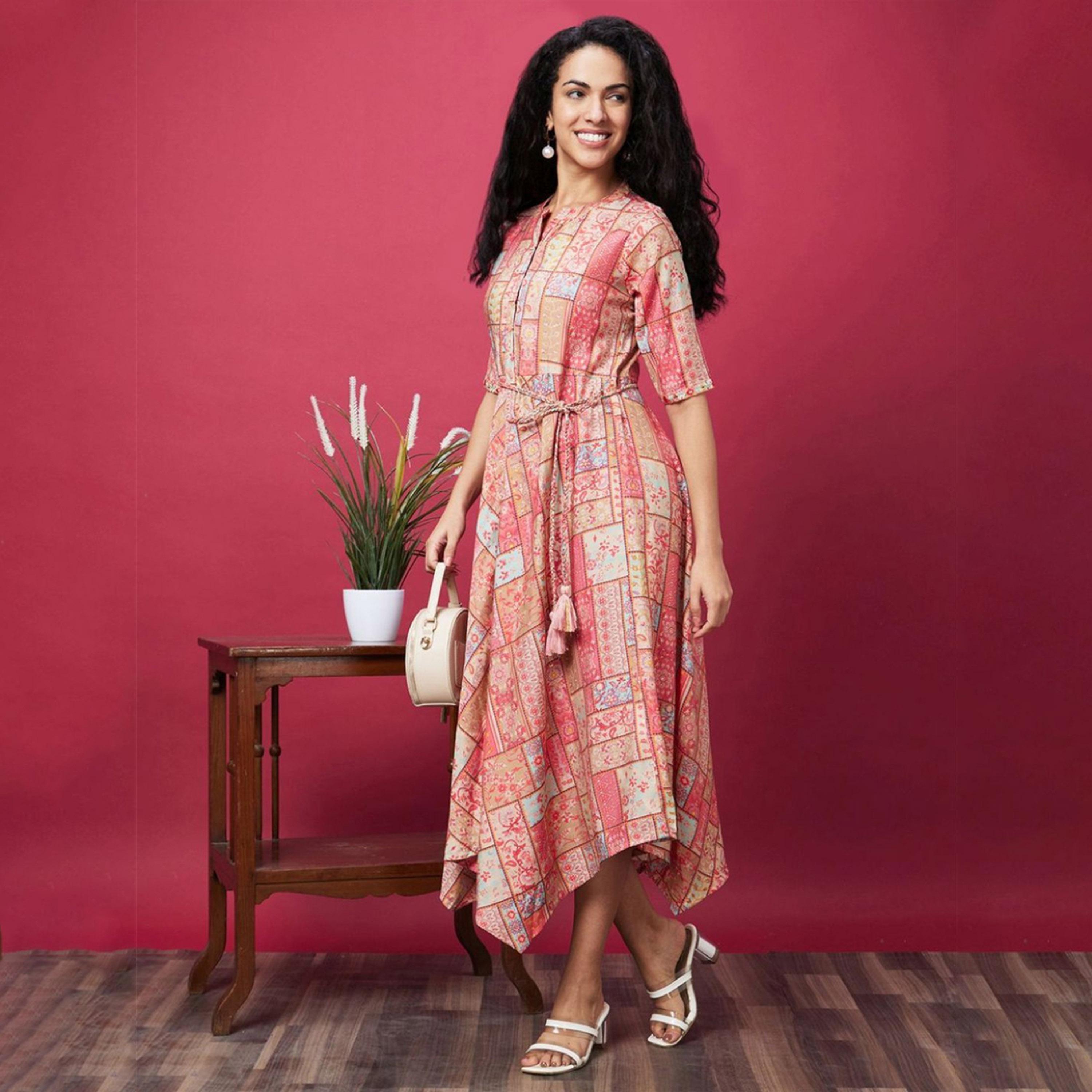 Globus X Styli Globus Women Coral Mandarin Collar All Over Printed Belted Dress-women-clothing-dresses-image-6