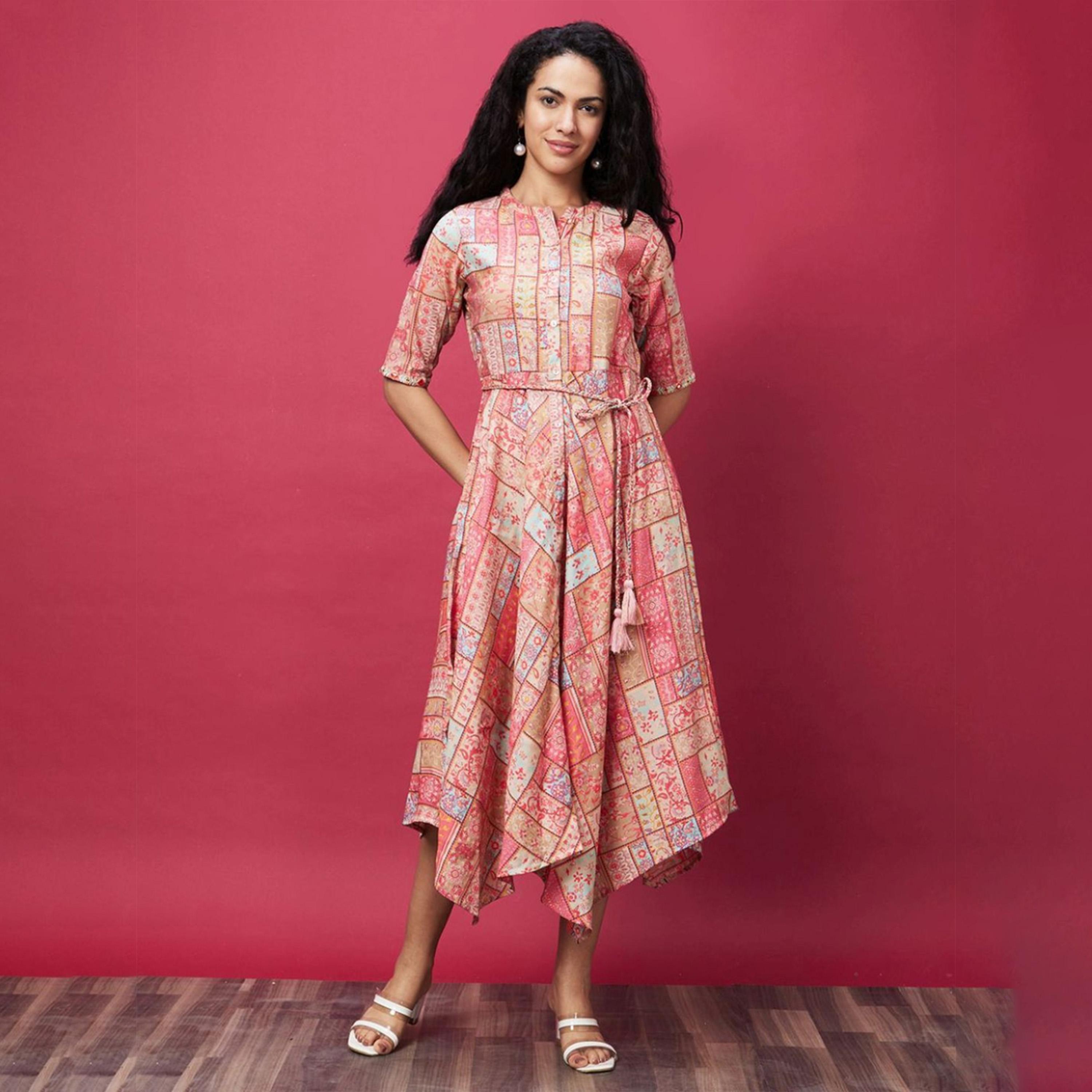 Globus X Styli Globus Women Coral Mandarin Collar All Over Printed Belted Dress-women-clothing-dresses-image-7