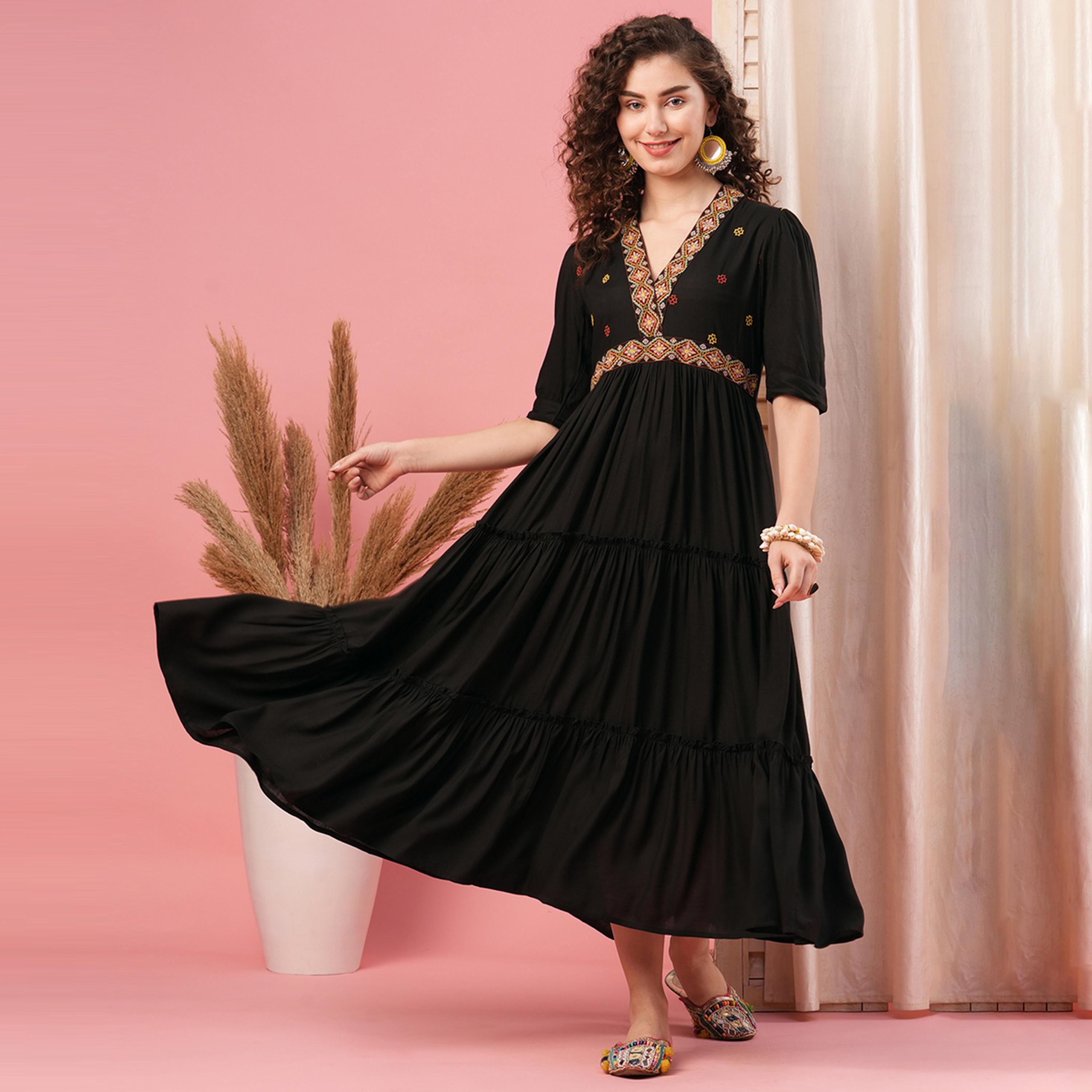 Globus X Styli Embroidered V-Neck Tiered A-Line Maxi Dress-women-clothing-dresses-image-1