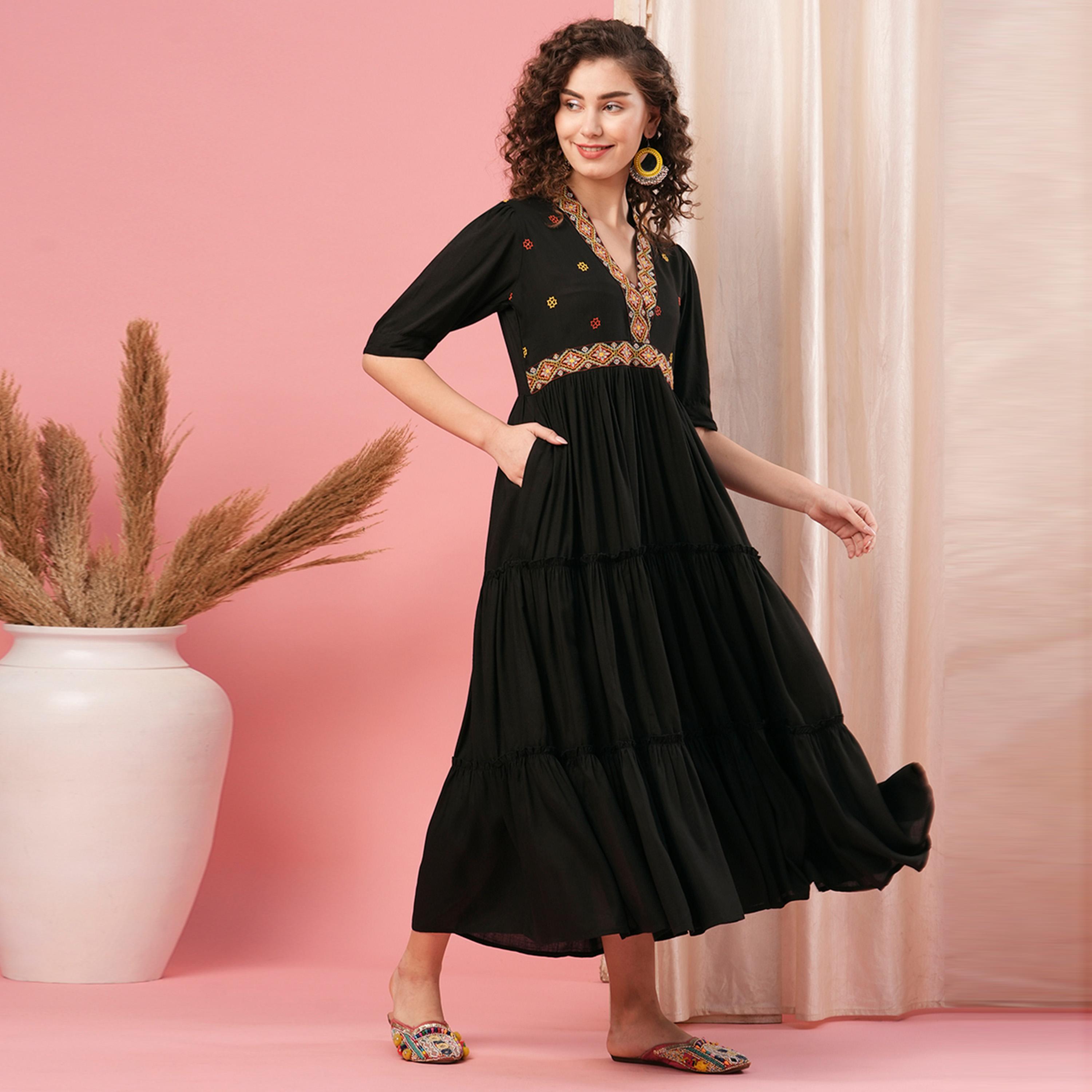 Globus X Styli Embroidered V-Neck Tiered A-Line Maxi Dress-women-clothing-dresses-image-2