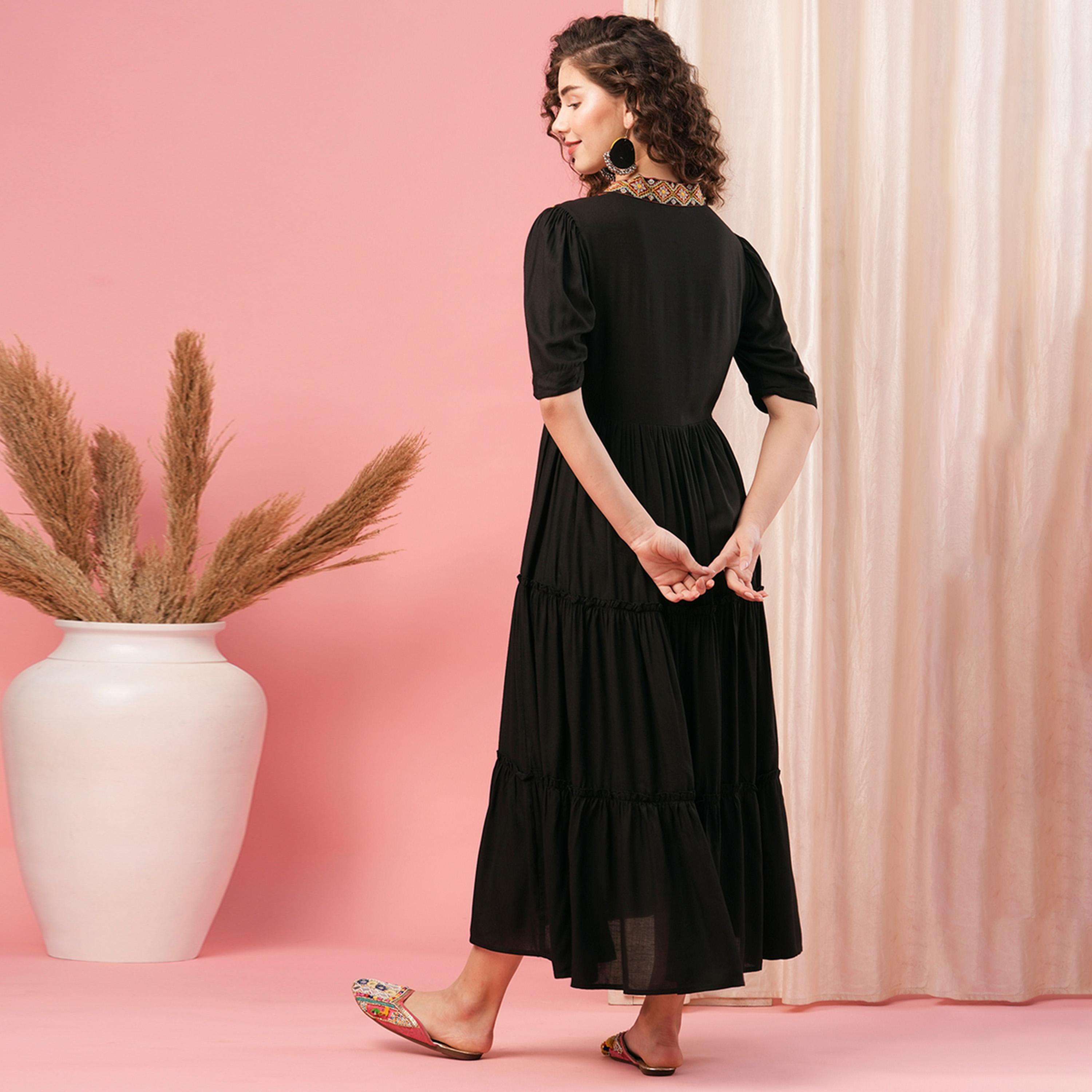 Globus X Styli Embroidered V-Neck Tiered A-Line Maxi Dress-women-clothing-dresses-image-3