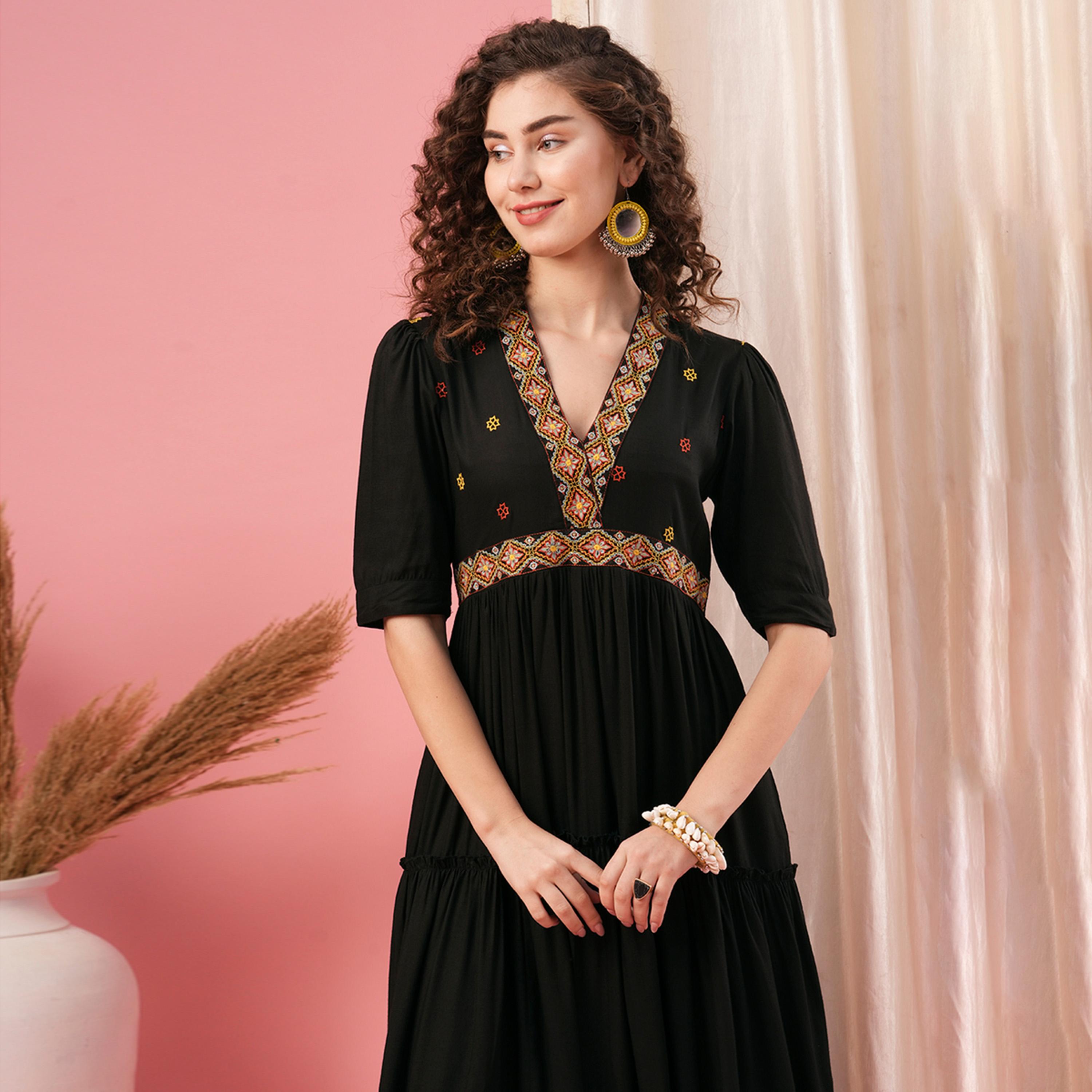 Globus X Styli Embroidered V-Neck Tiered A-Line Maxi Dress-women-clothing-dresses-image-5
