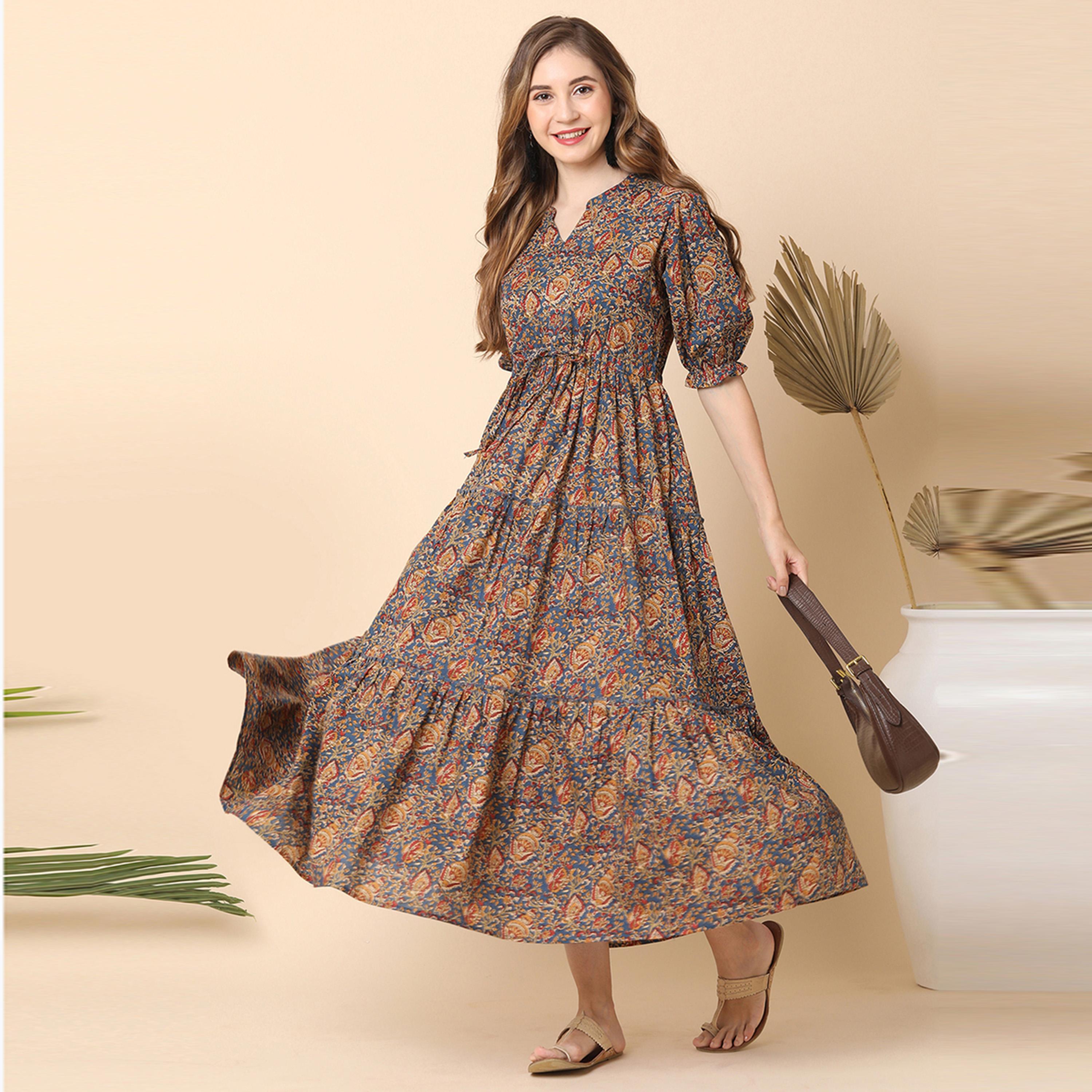 غلوبوس × ستايلي - فستان ماكسي بأكمام منفوخة وياقة ماندرين وطبعة كاملة-women-clothing-dresses-image-1