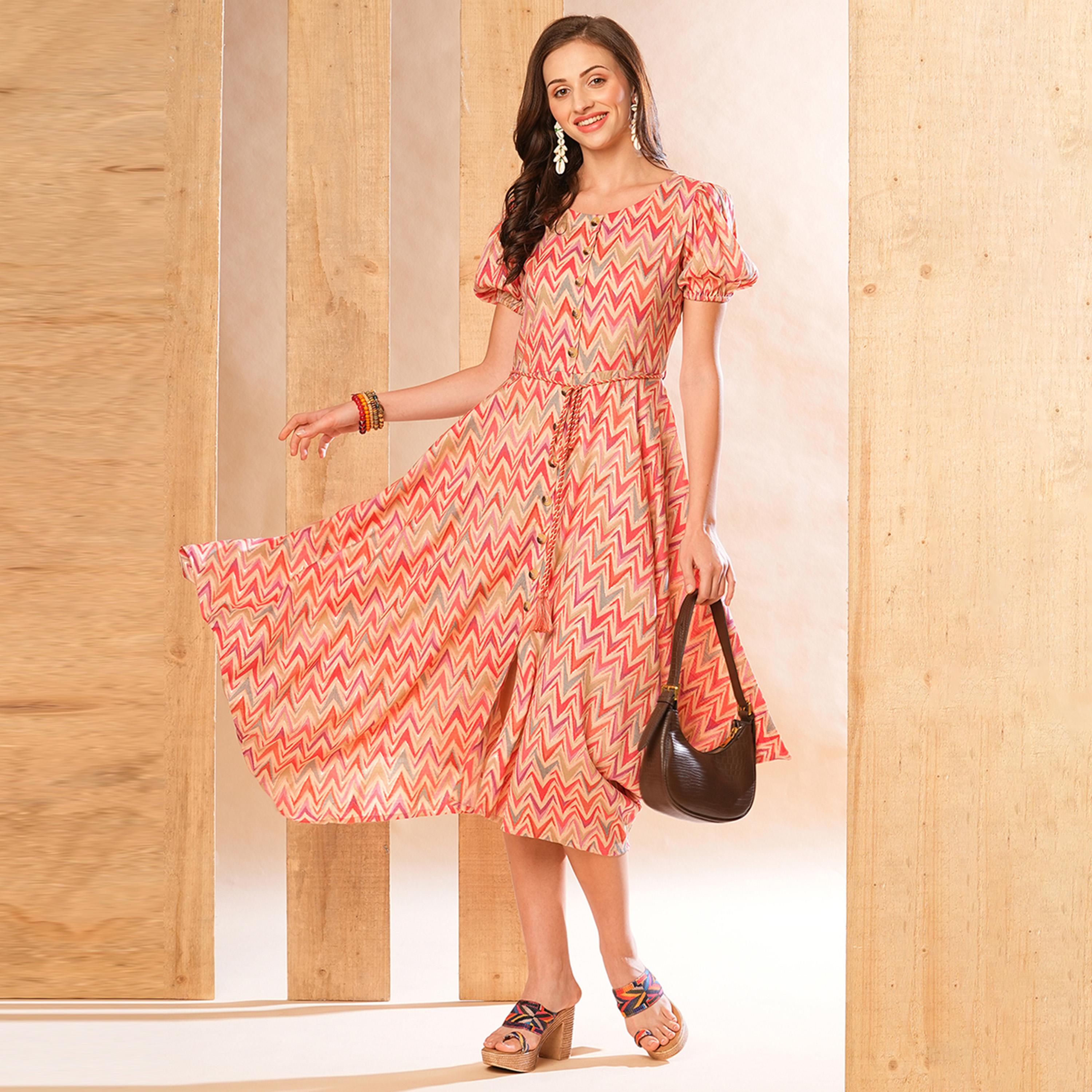 Globus X Styli All-Over Print Puff Sleeve Asymmetric Hem A-Line Midi Dress-women-clothing-dresses-image-1