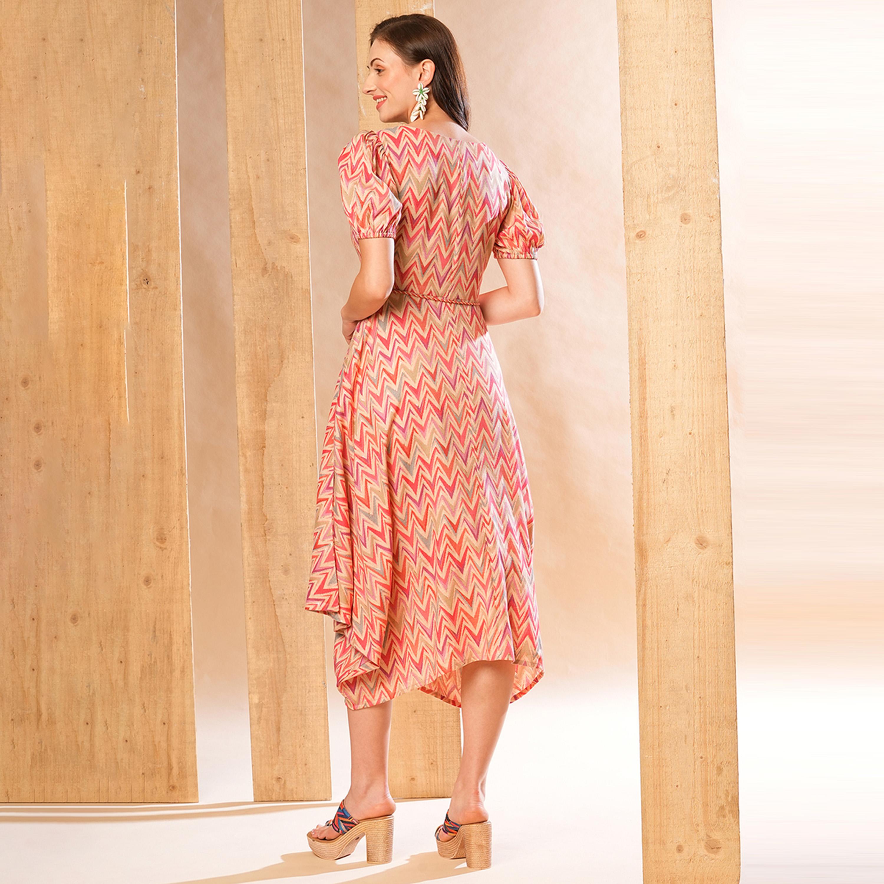 Globus X Styli All-Over Print Puff Sleeve Asymmetric Hem A-Line Midi Dress-women-clothing-dresses-image-3