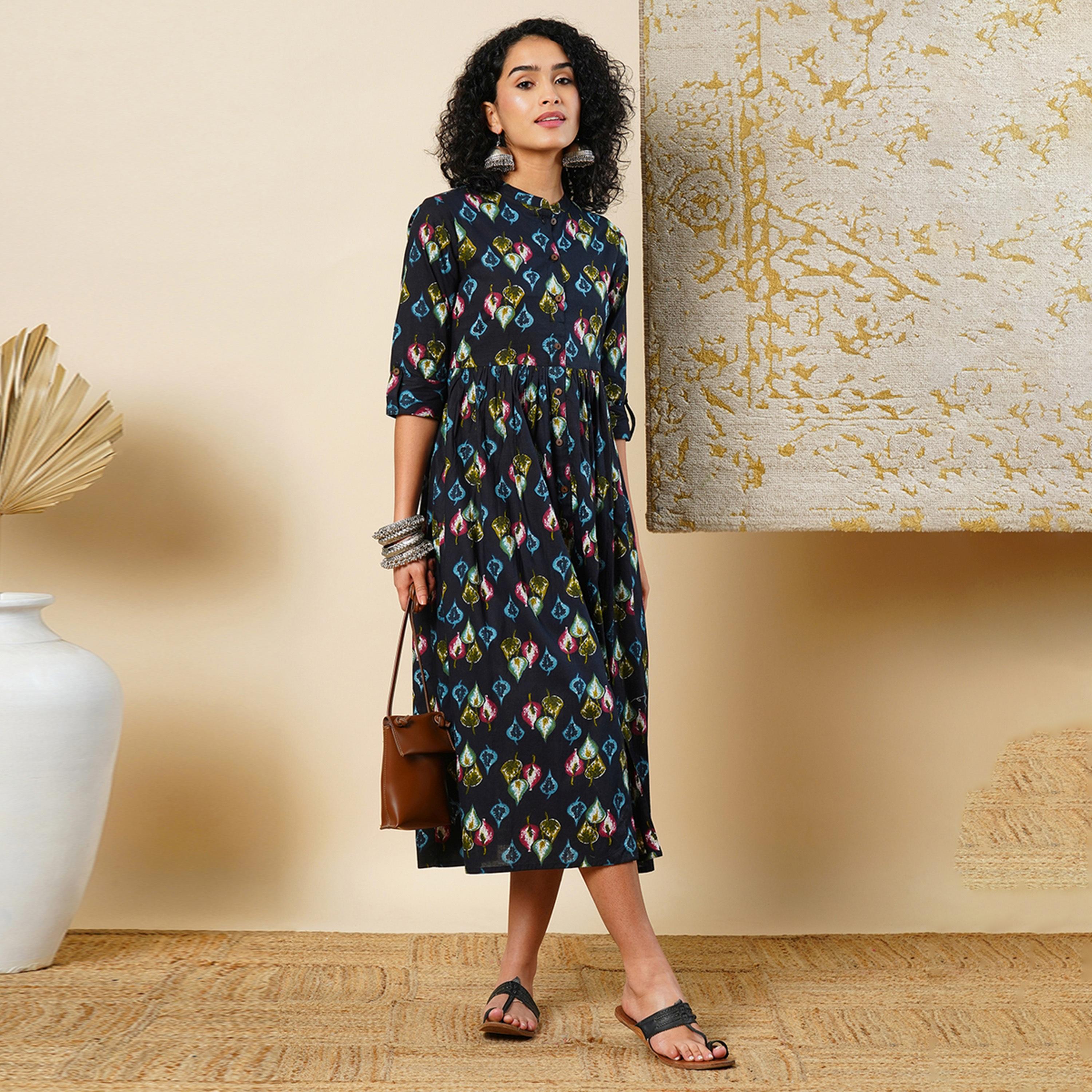 Globus X Styli All Over Print Mandarin Collar Button Down A-Line Midi Dress-women-clothing-dresses-image-1