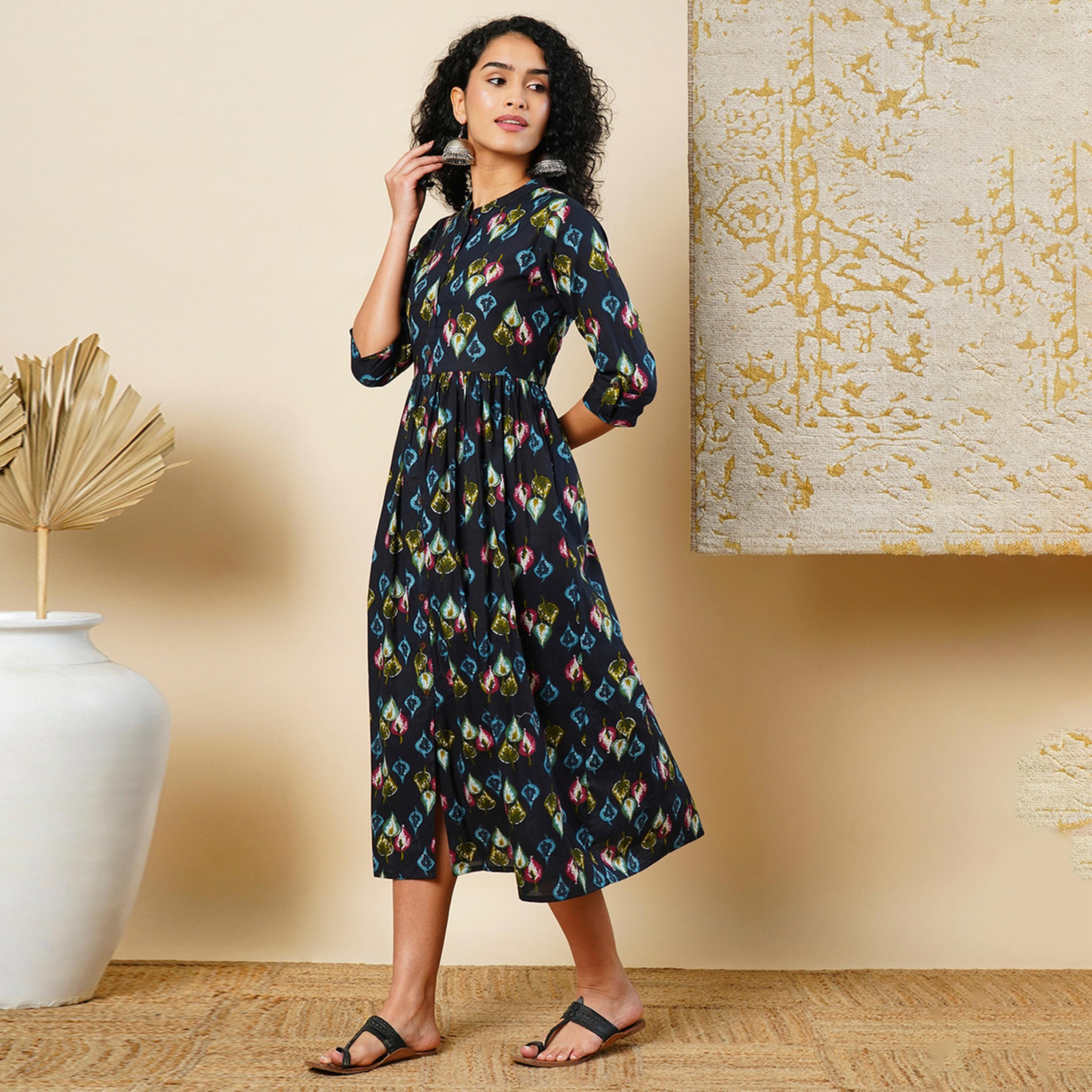 Globus X Styli All Over Print Mandarin Collar Button Down A-Line Midi Dress-women-clothing-dresses-image-2