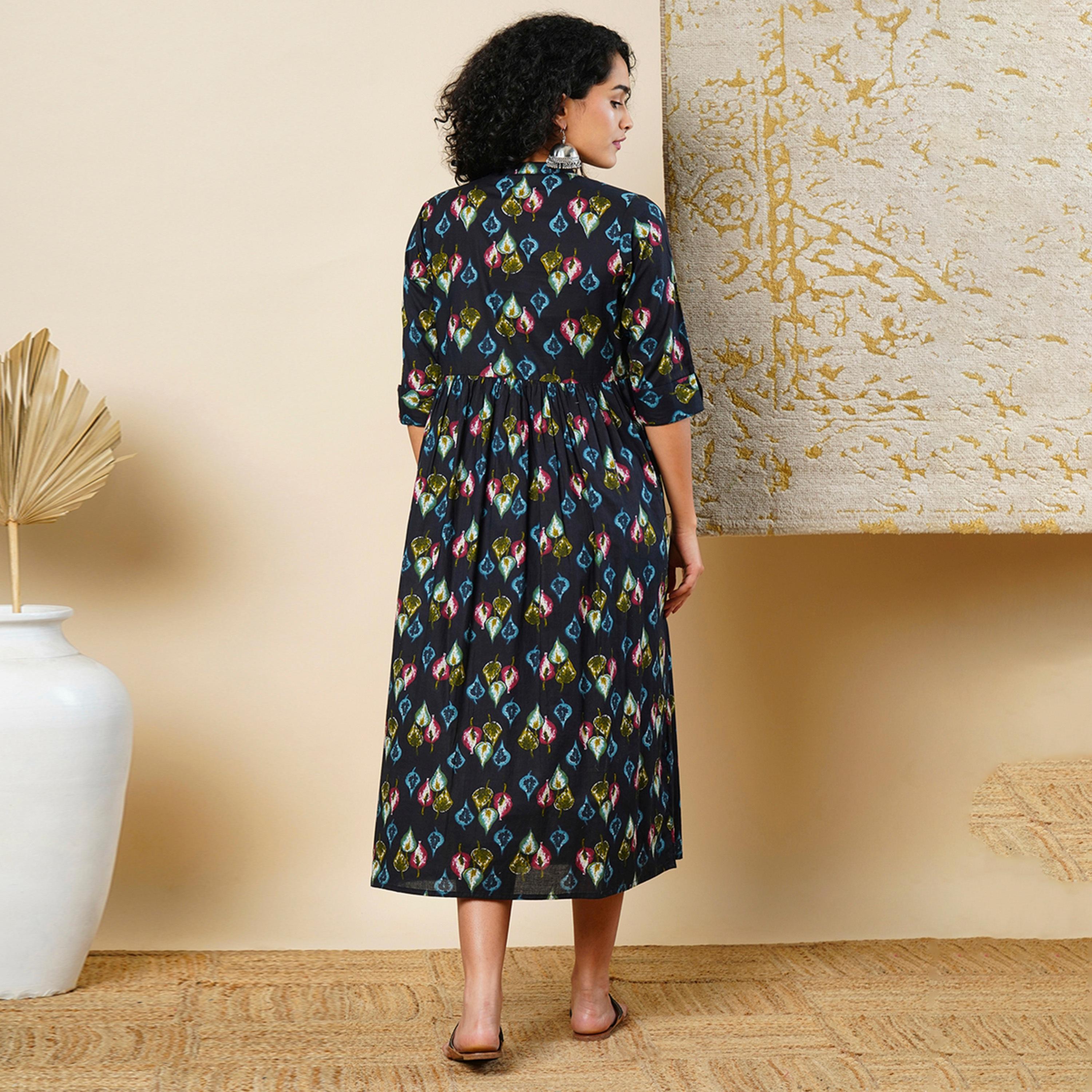 Globus X Styli All Over Print Mandarin Collar Button Down A-Line Midi Dress-women-clothing-dresses-image-3