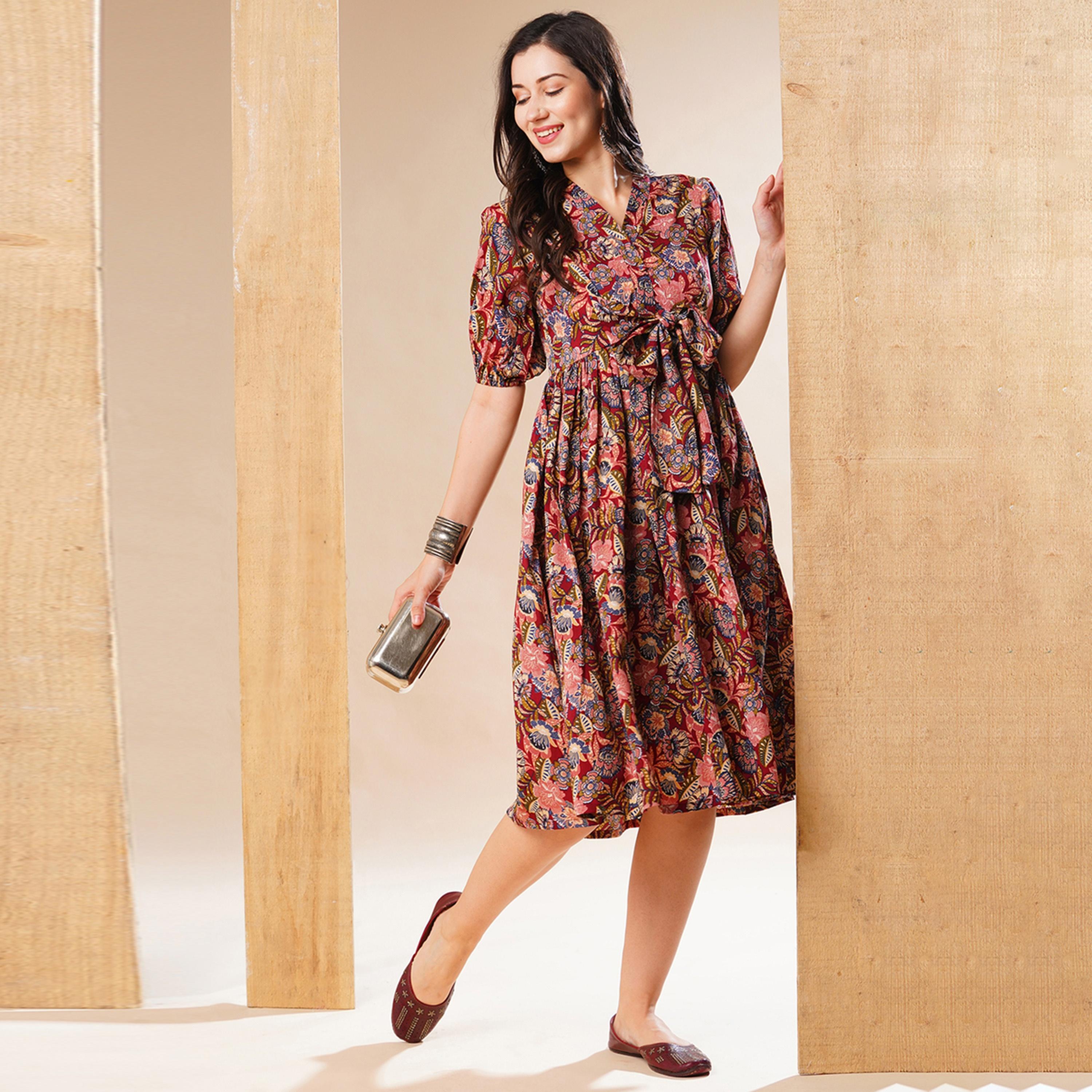 Globus X Styli All-Over Print Puff Sleeve Flared Midi Dress With Tie-Up Detail-women-clothing-dresses-image-1