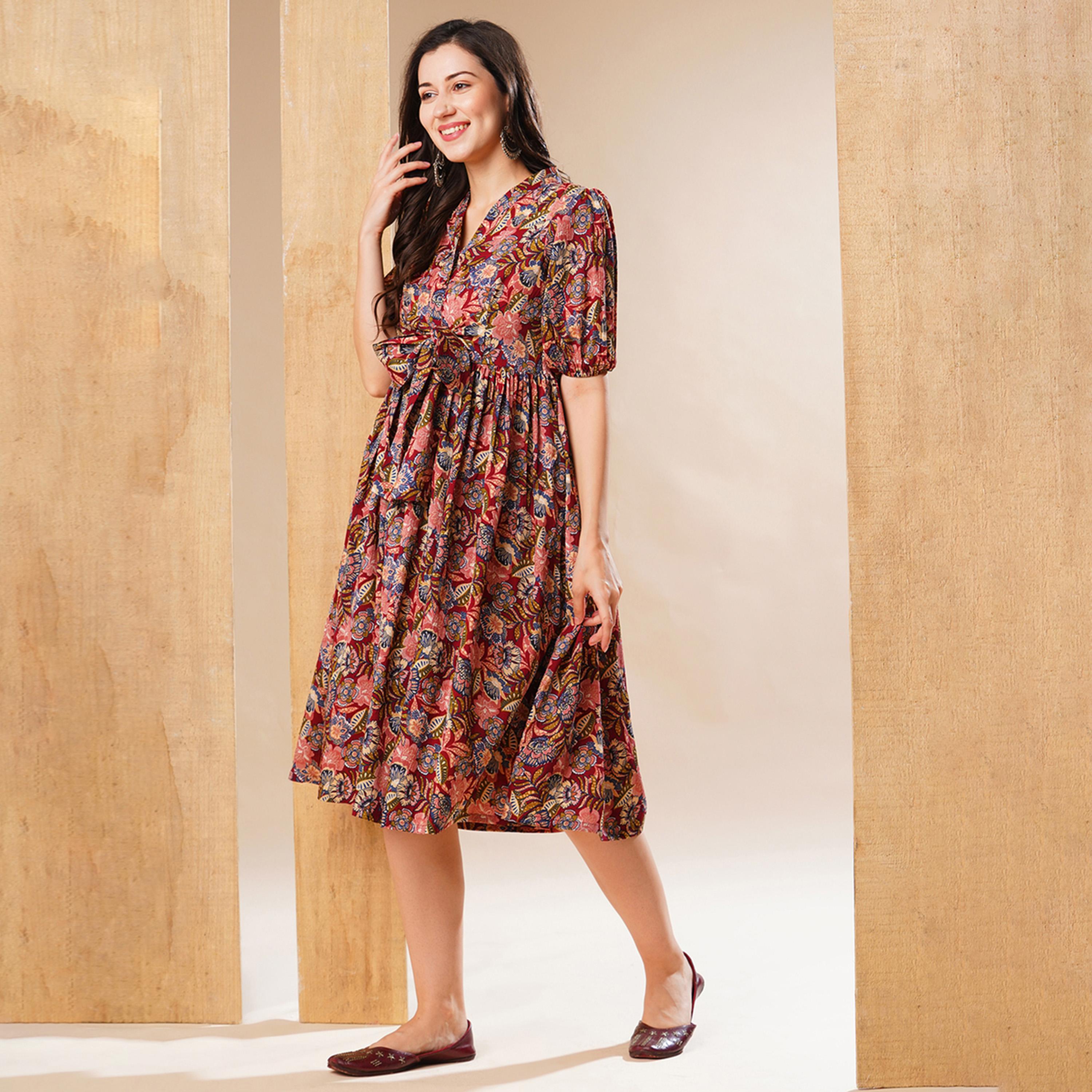Globus X Styli All-Over Print Puff Sleeve Flared Midi Dress With Tie-Up Detail-women-clothing-dresses-image-2