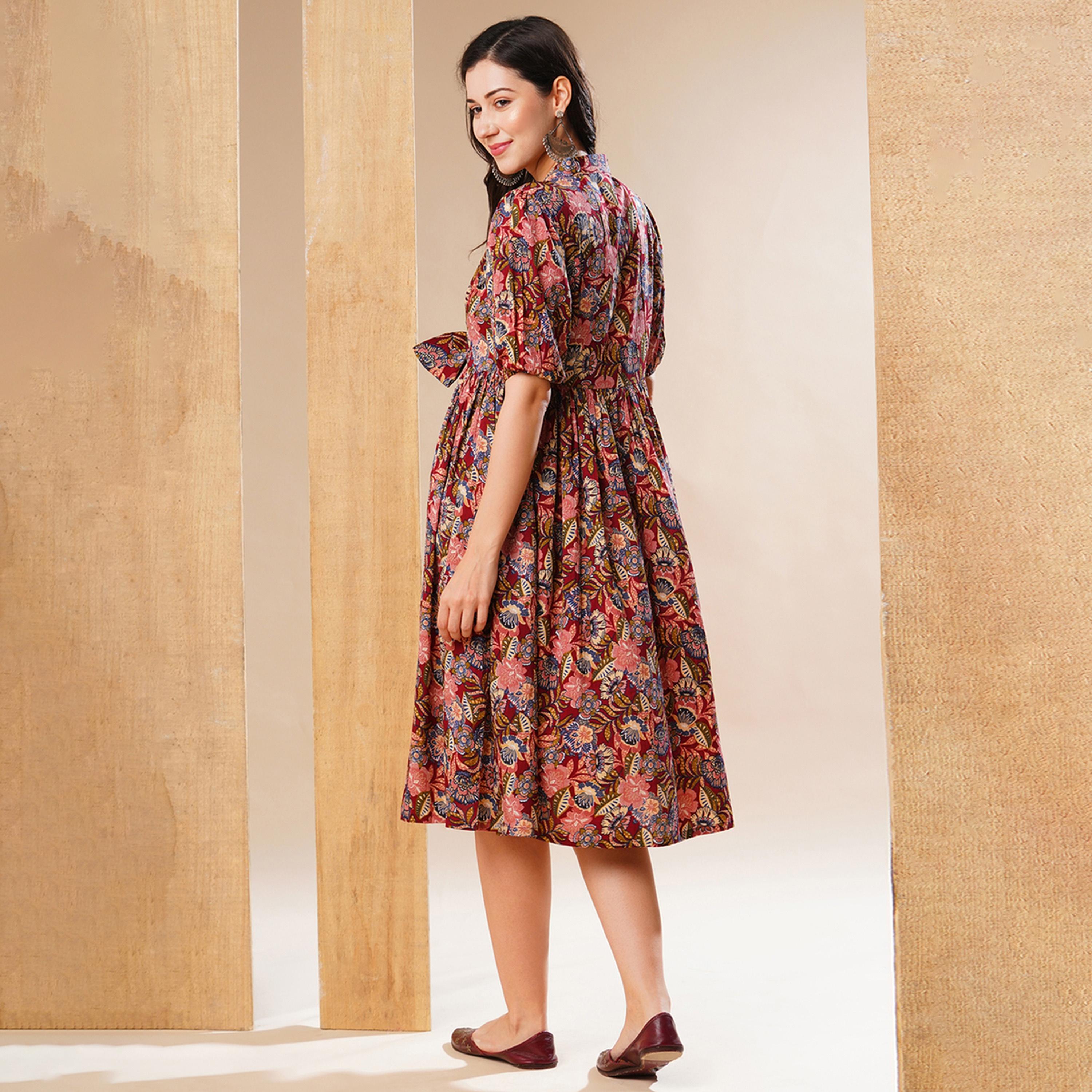 Globus X Styli All-Over Print Puff Sleeve Flared Midi Dress With Tie-Up Detail-women-clothing-dresses-image-3