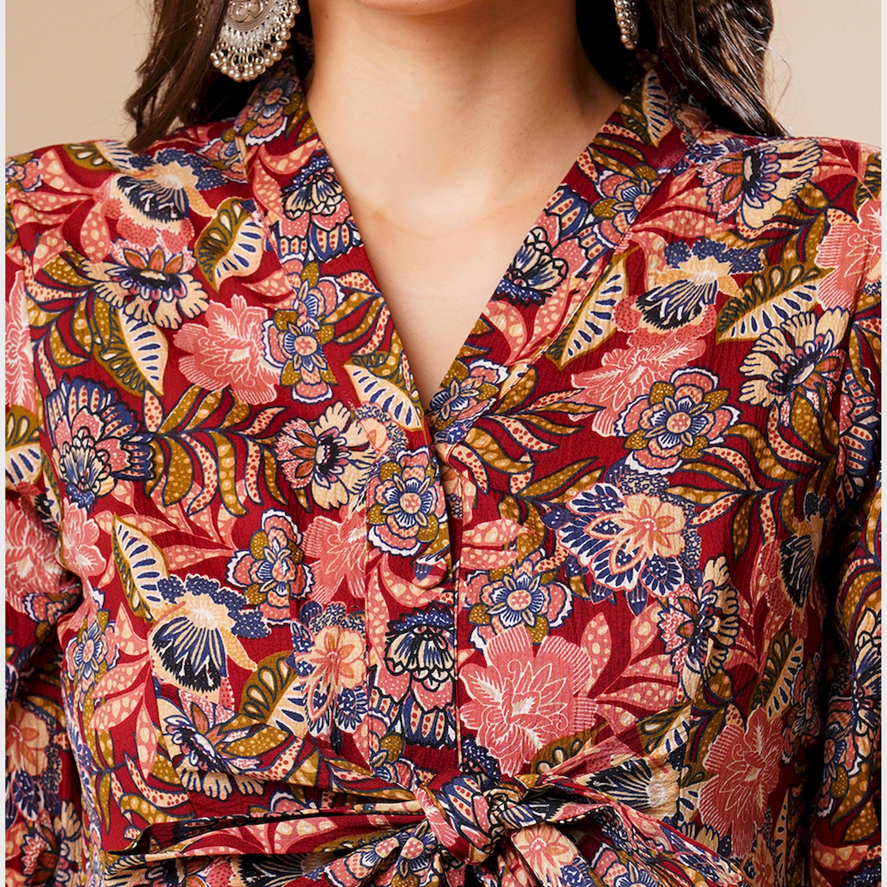 Globus X Styli All-Over Print Puff Sleeve Flared Midi Dress With Tie-Up Detail-women-clothing-dresses-image-4