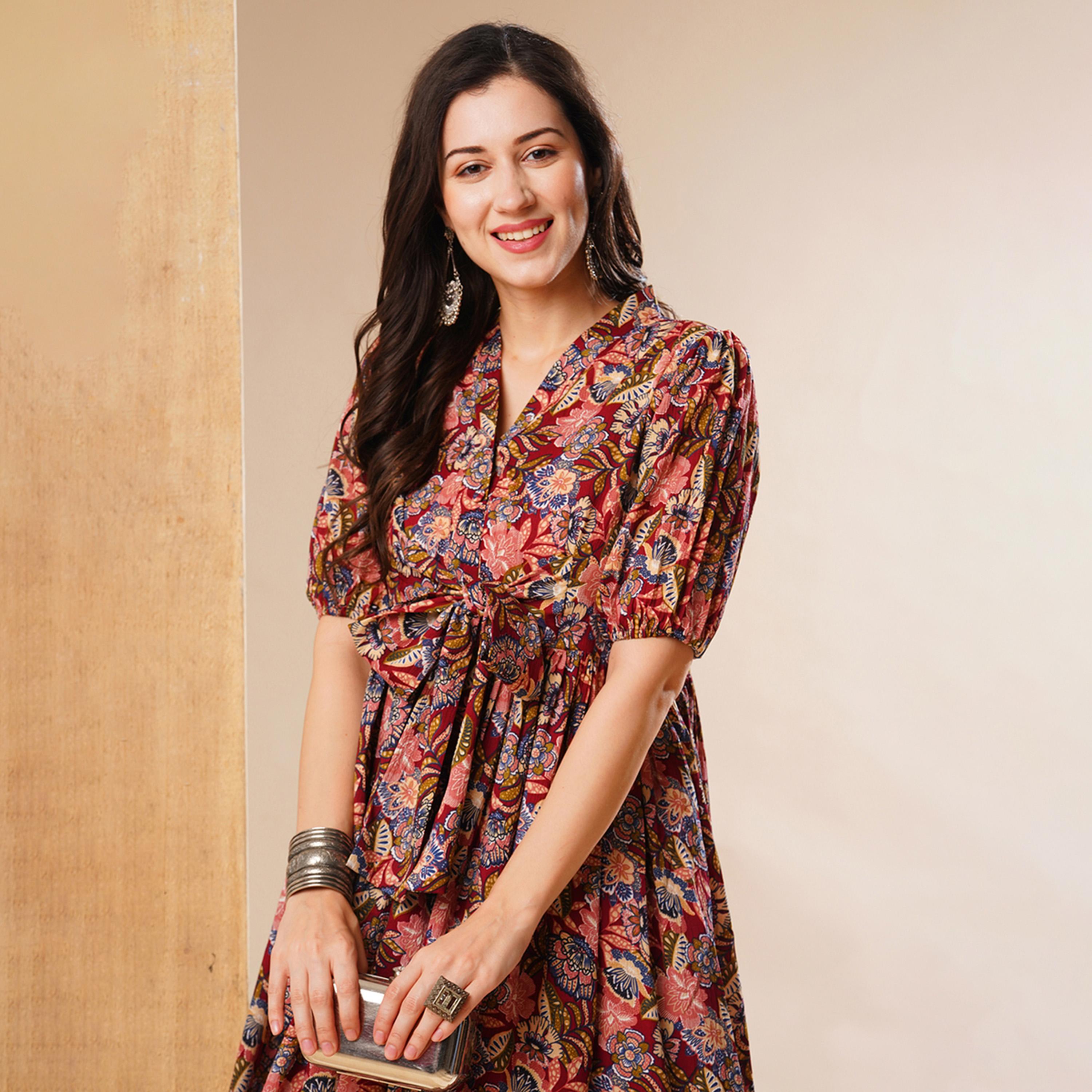 Globus X Styli All-Over Print Puff Sleeve Flared Midi Dress With Tie-Up Detail-women-clothing-dresses-image-5