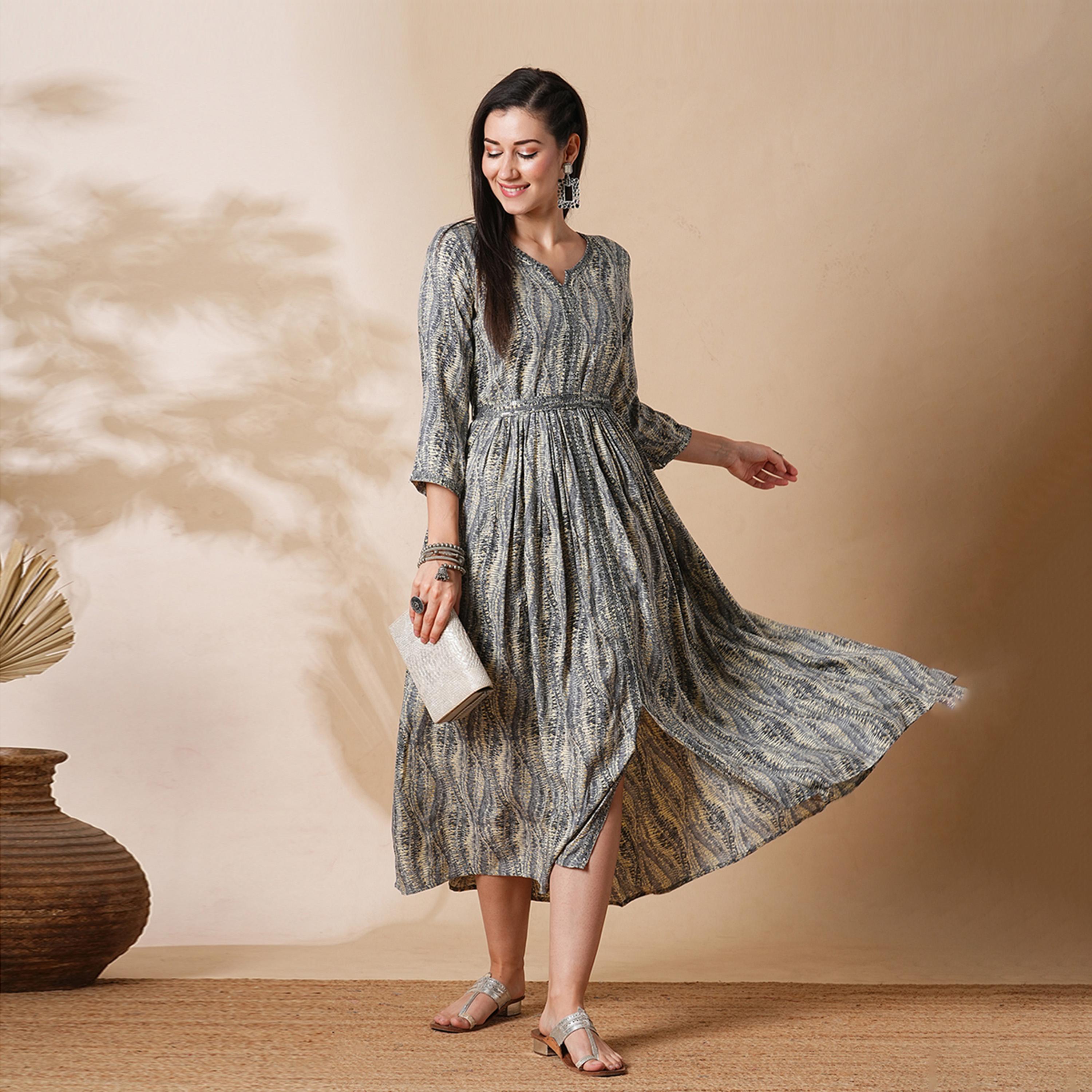 Globus X Styli Embroidered Notch Neck Front Slit A-Lin Midi Dress With Belt-women-clothing-dresses-image-1