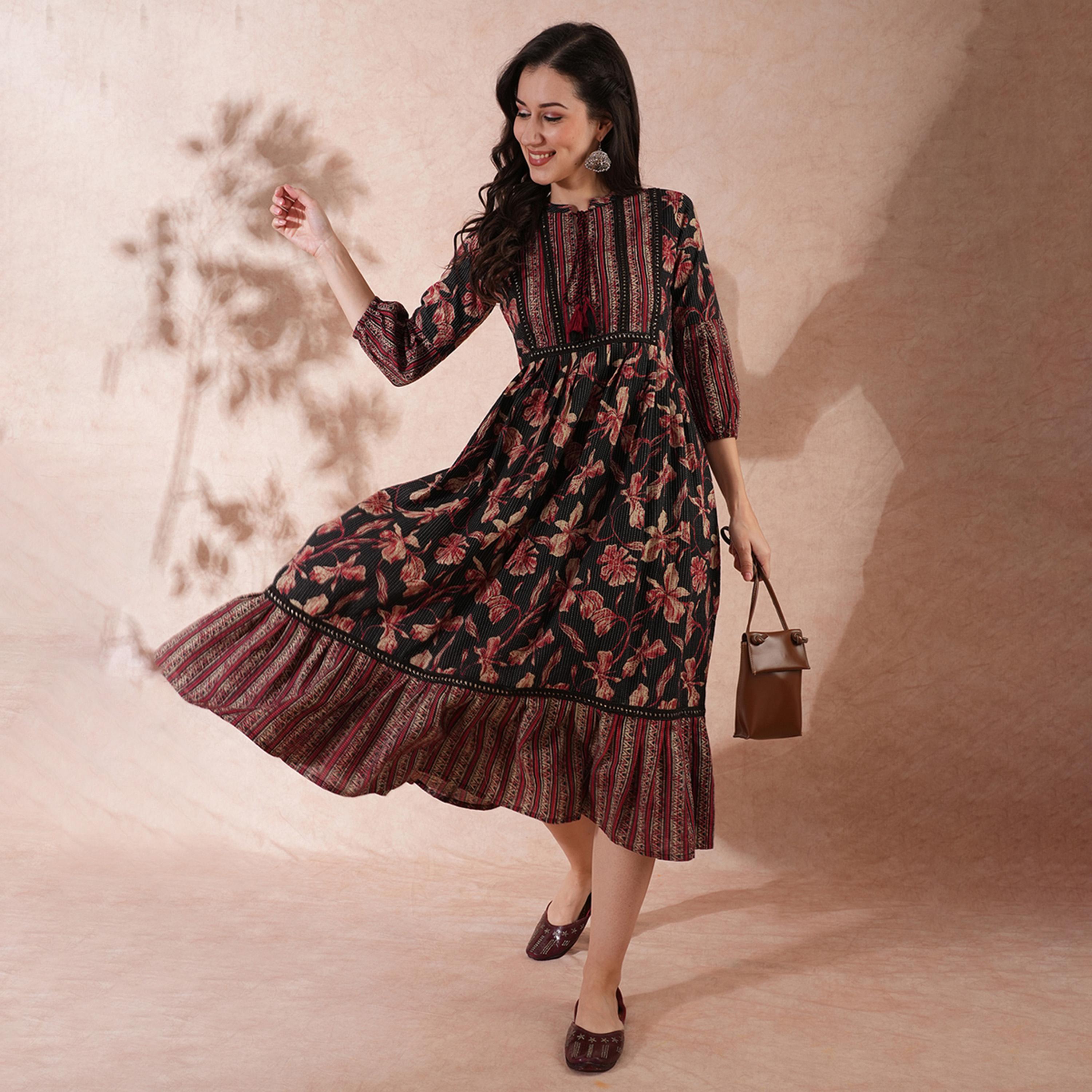 Globus X Styli All-Over Floral Print Mandarin Collar Ruffles Hem A-Line Midi Dress-women-clothing-dresses-image-1
