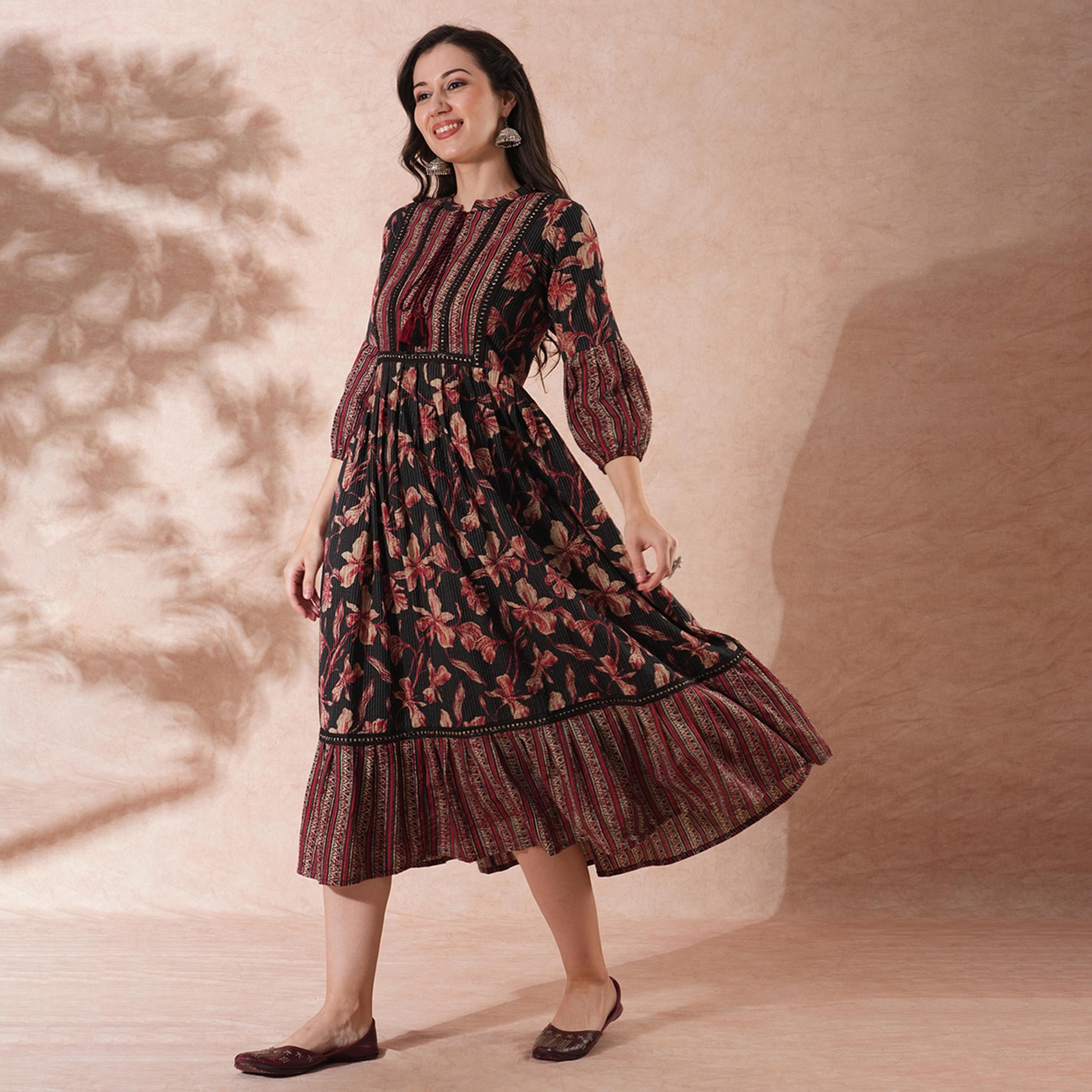 Globus X Styli All-Over Floral Print Mandarin Collar Ruffles Hem A-Line Midi Dress-women-clothing-dresses-image-2
