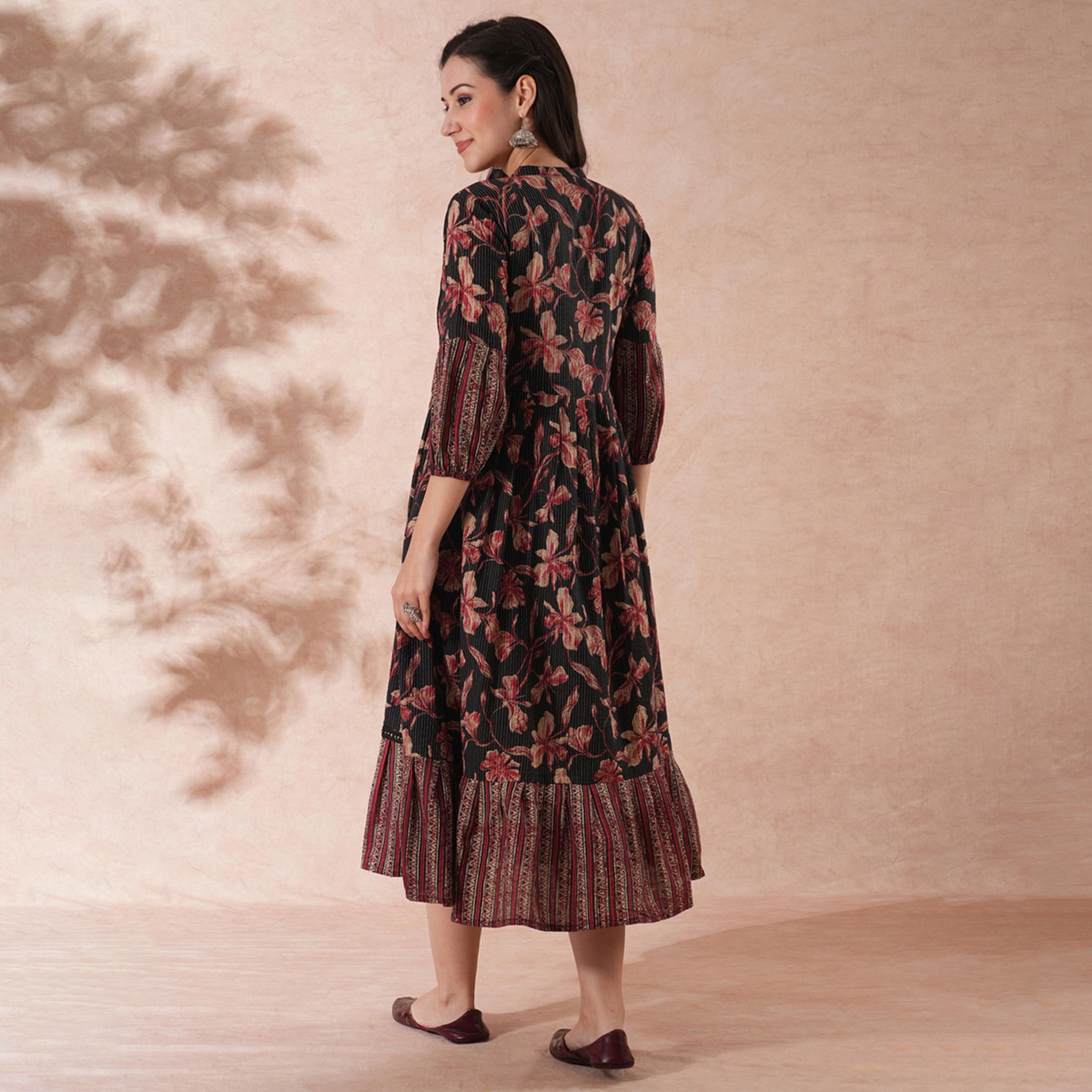 Globus X Styli All-Over Floral Print Mandarin Collar Ruffles Hem A-Line Midi Dress-women-clothing-dresses-image-3