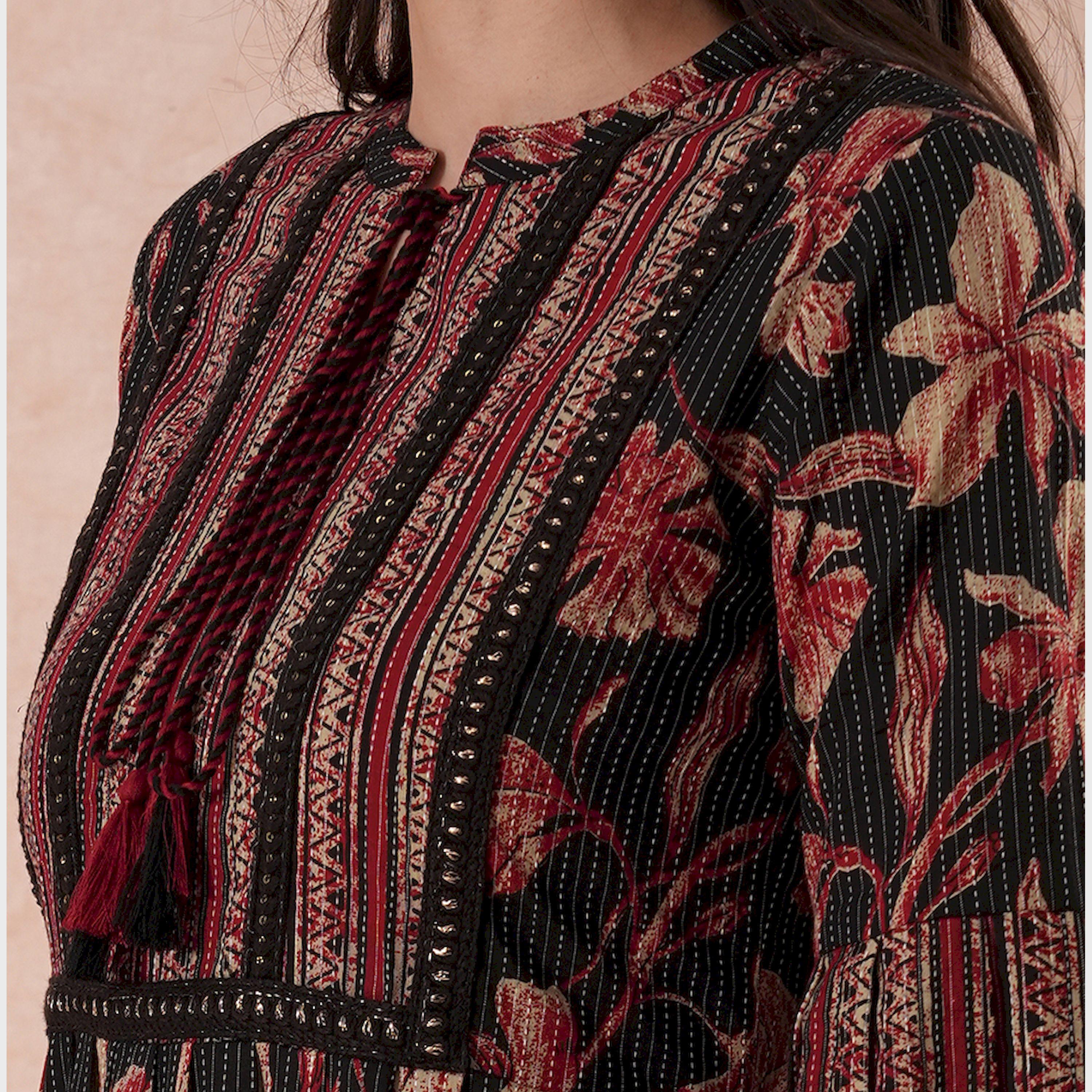 Globus X Styli All-Over Floral Print Mandarin Collar Ruffles Hem A-Line Midi Dress-women-clothing-dresses-image-4
