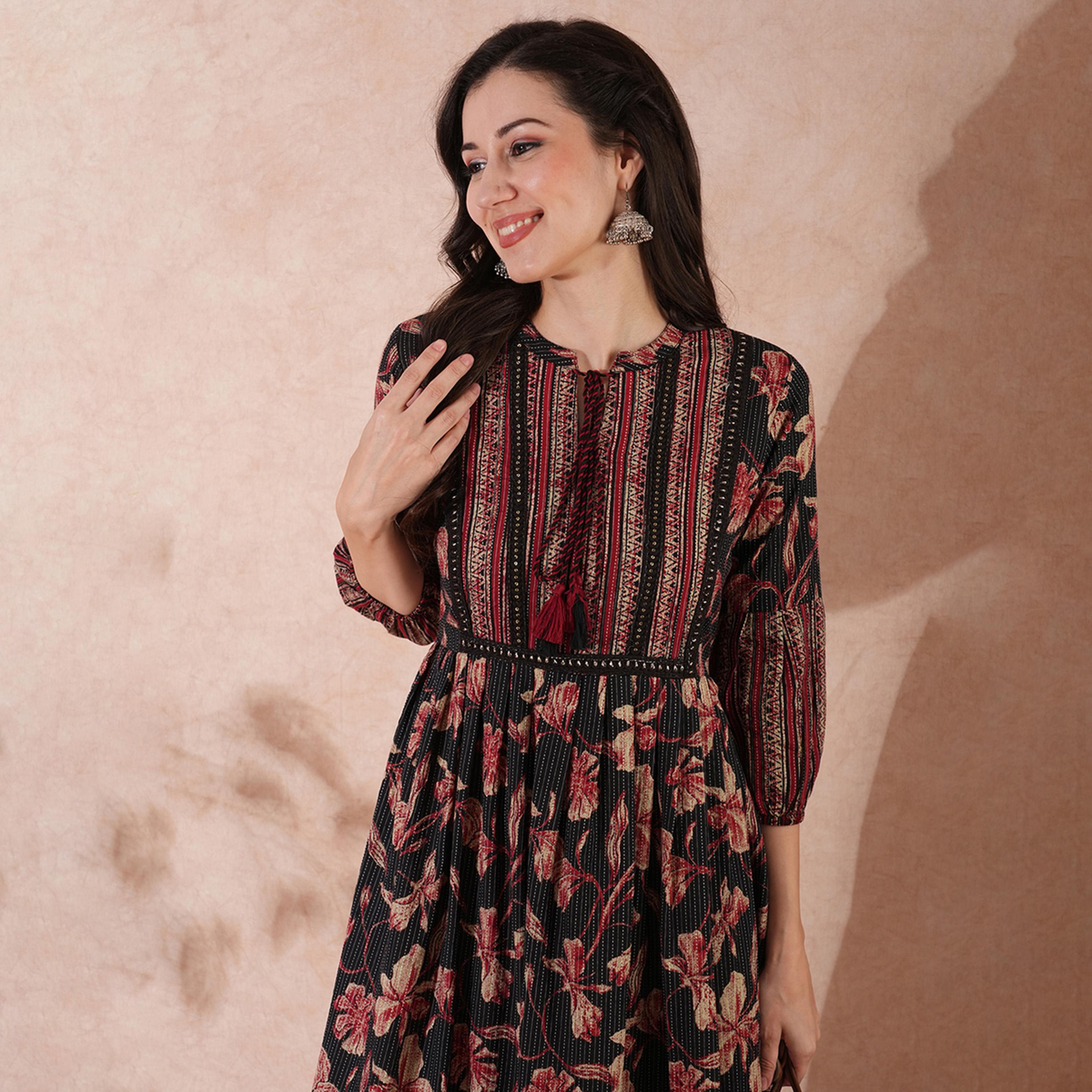 Globus X Styli All-Over Floral Print Mandarin Collar Ruffles Hem A-Line Midi Dress-women-clothing-dresses-image-5