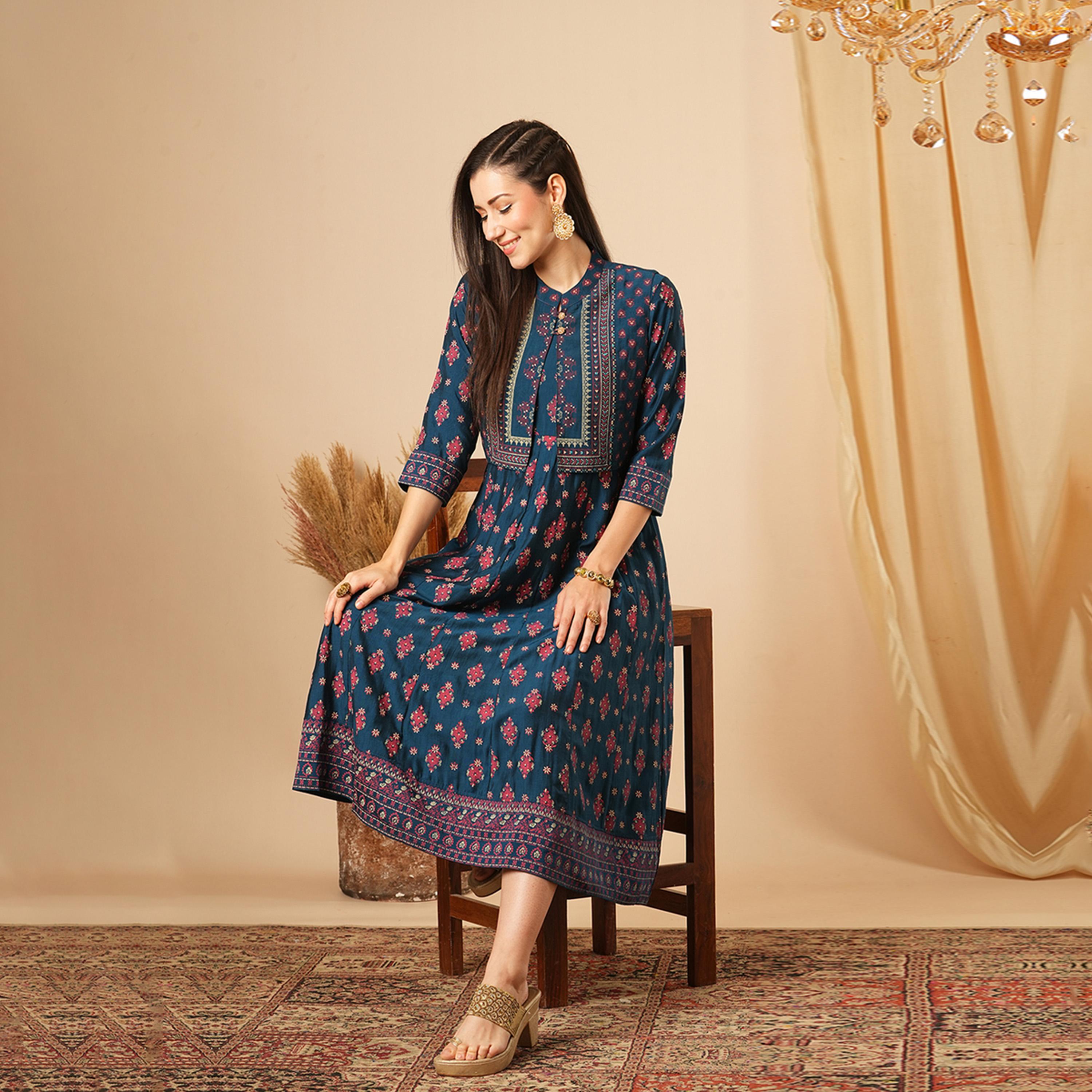 Globus X Styli Globus Women Blue Allover Butti Print Panelled Pleated A-Line Midi Festive Dress With Sleeveless Detachable Koti-women-clothing-dresses-image-1