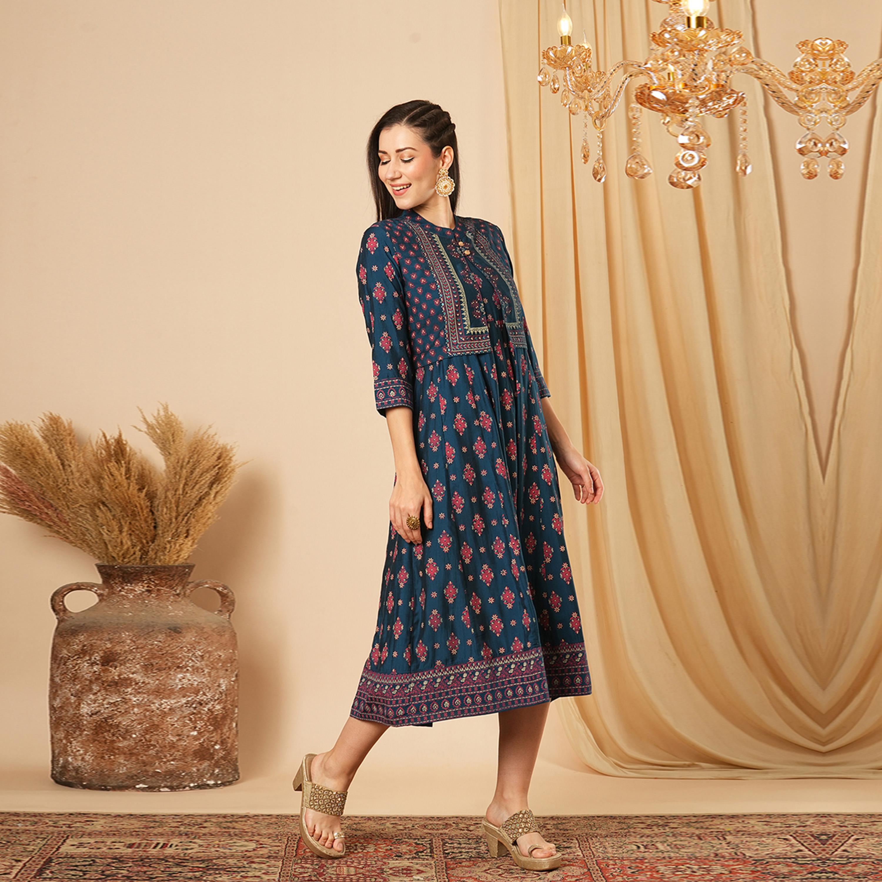 Globus X Styli Globus Women Blue Allover Butti Print Panelled Pleated A-Line Midi Festive Dress With Sleeveless Detachable Koti-women-clothing-dresses-image-2