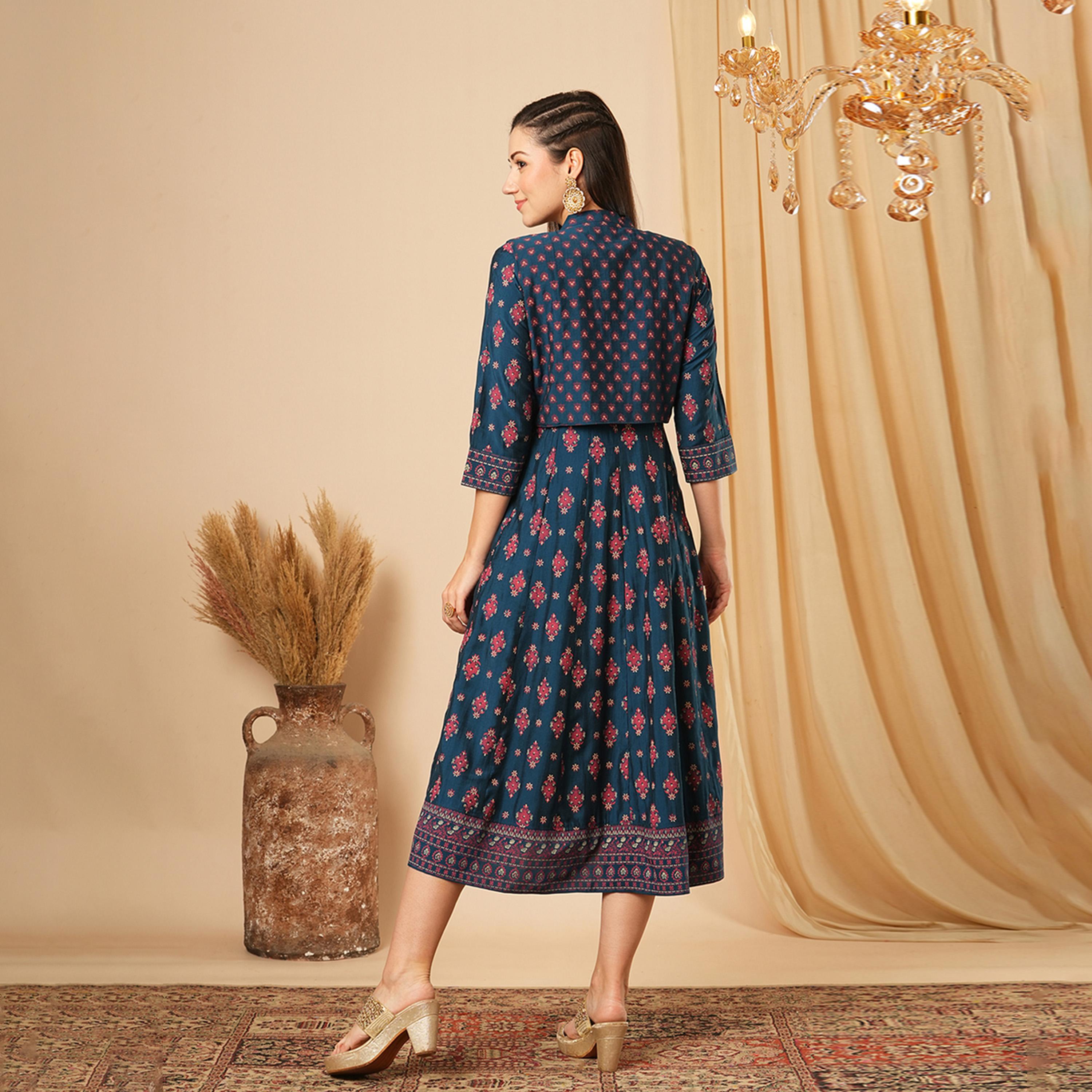 Globus X Styli Globus Women Blue Allover Butti Print Panelled Pleated A-Line Midi Festive Dress With Sleeveless Detachable Koti-women-clothing-dresses-image-3