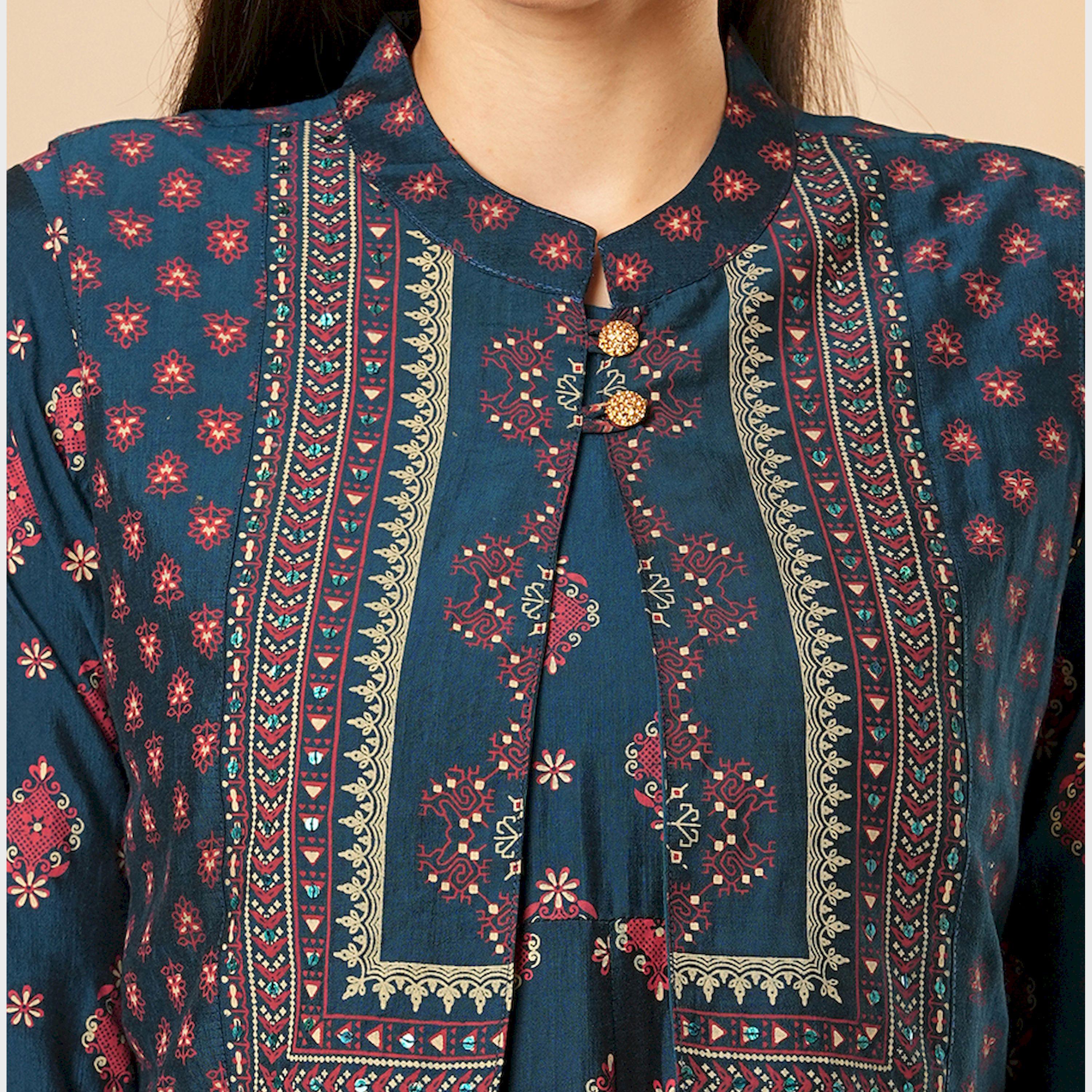 Globus X Styli Globus Women Blue Allover Butti Print Panelled Pleated A-Line Midi Festive Dress With Sleeveless Detachable Koti-women-clothing-dresses-image-4