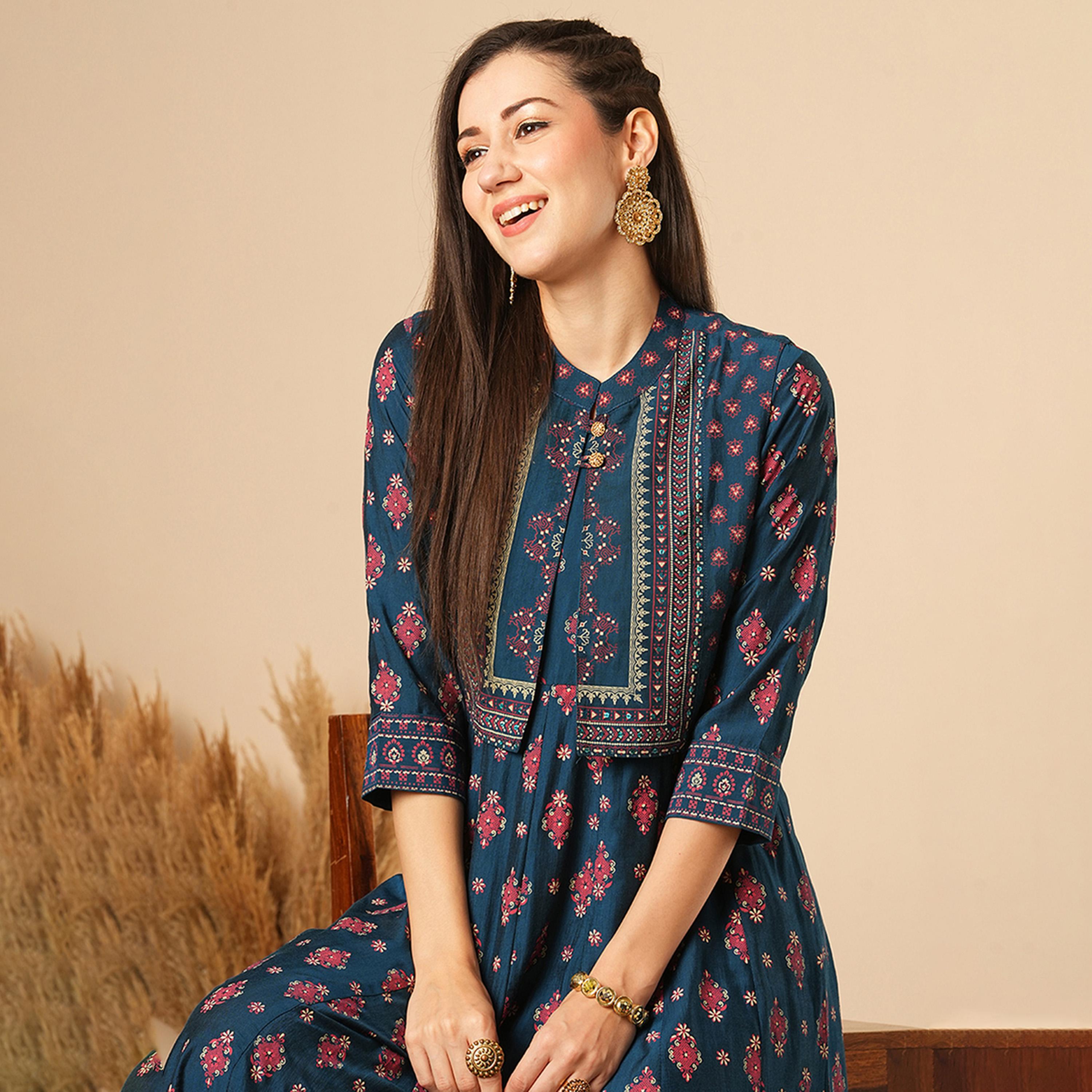 Globus X Styli Globus Women Blue Allover Butti Print Panelled Pleated A-Line Midi Festive Dress With Sleeveless Detachable Koti-women-clothing-dresses-image-5