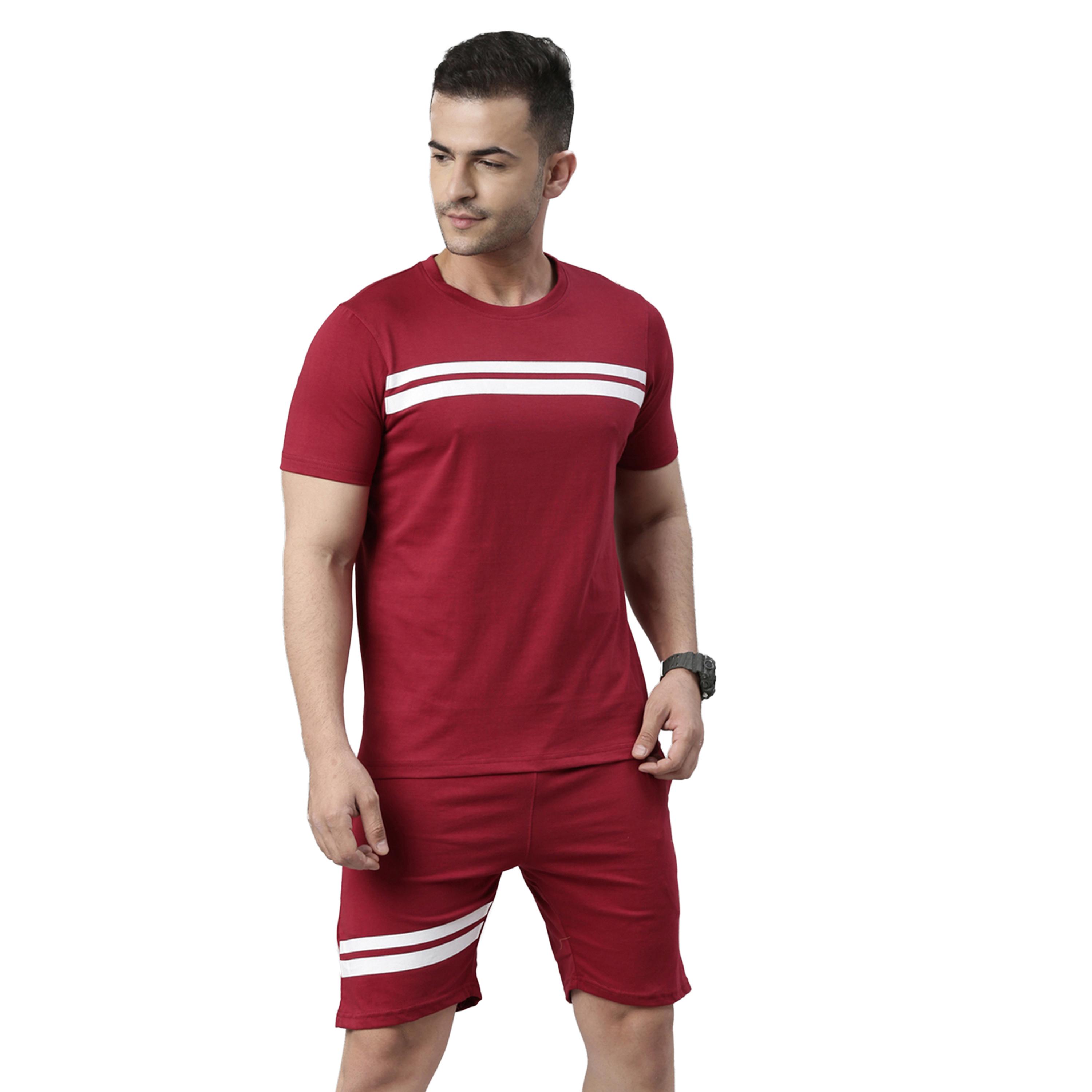 بوشيرت × ستايلي-  تي شيرت مخطط ياقة مستديرة وشورت منسق-men-clothing-coordsets-image-1