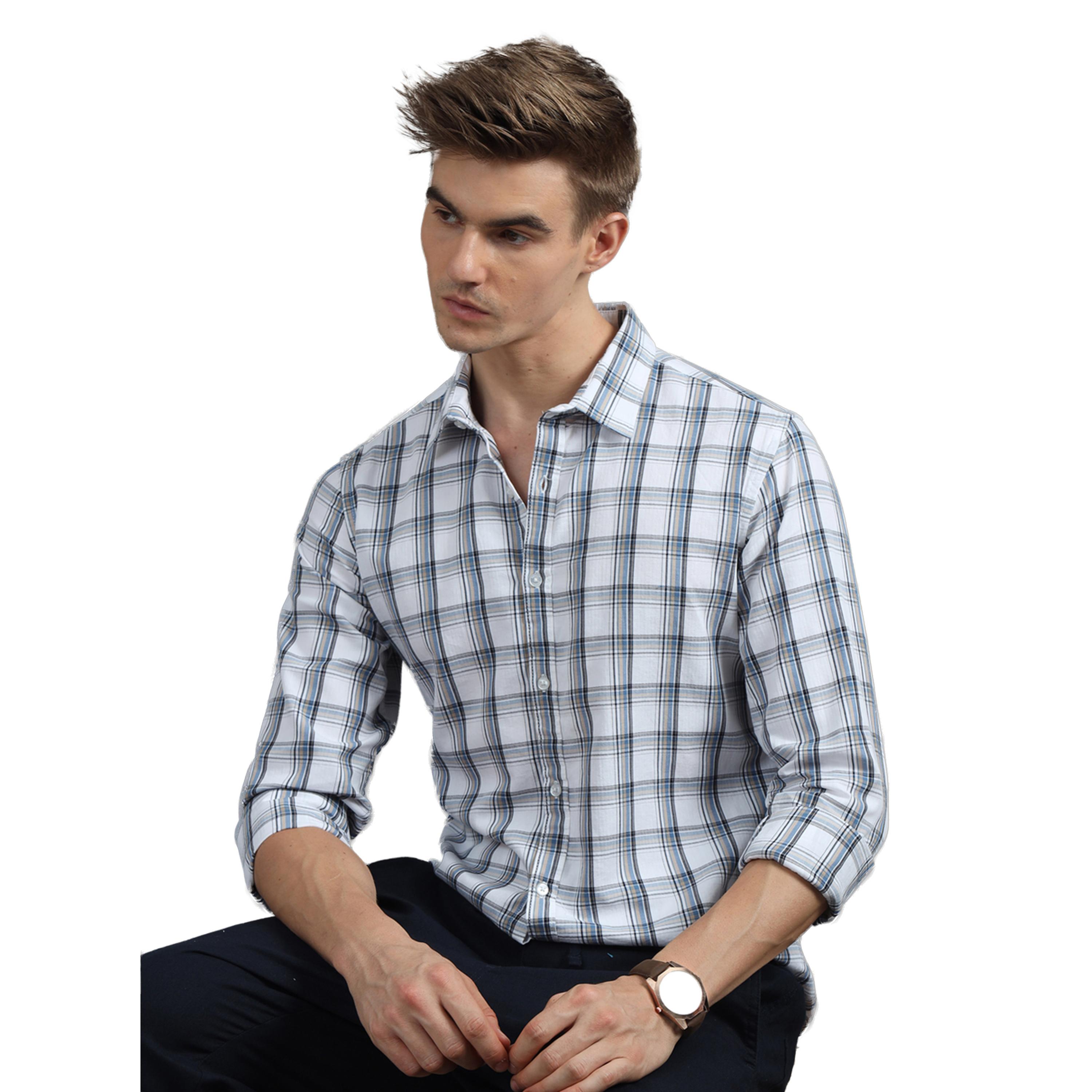 بوشيرت × ستايلي-  قميص ياقة منتشرة ومربعات قصّة عادية-men-clothing-shirts-image-1