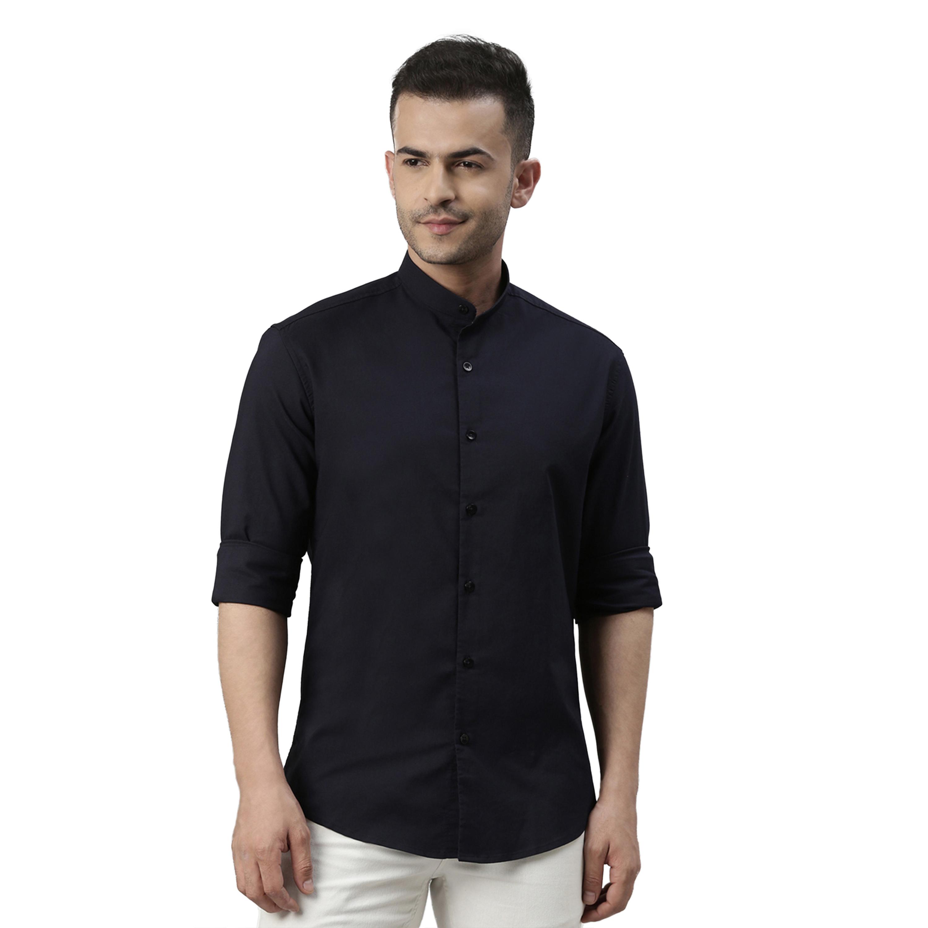 بوشيرت × ستايلي-  قميص سادة قصّة عادية ياقة ماندرين-men-clothing-shirts-image-1