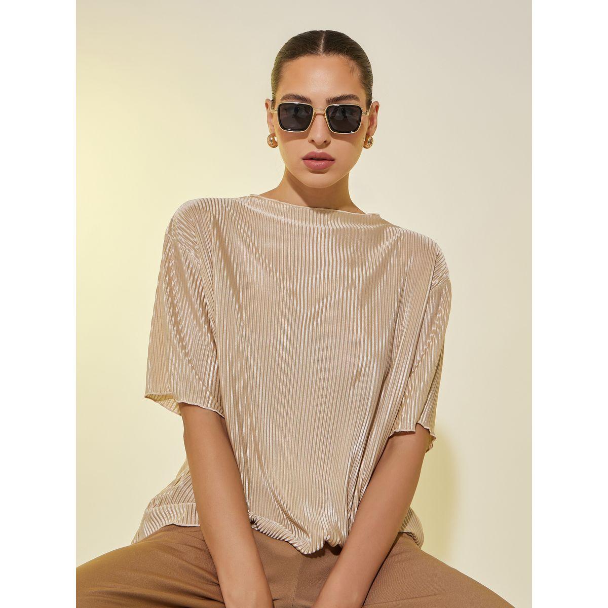 Styli Plain Pleated Round Neck Regular Fit T-Shirt-women-clothing-tshirts-image-1