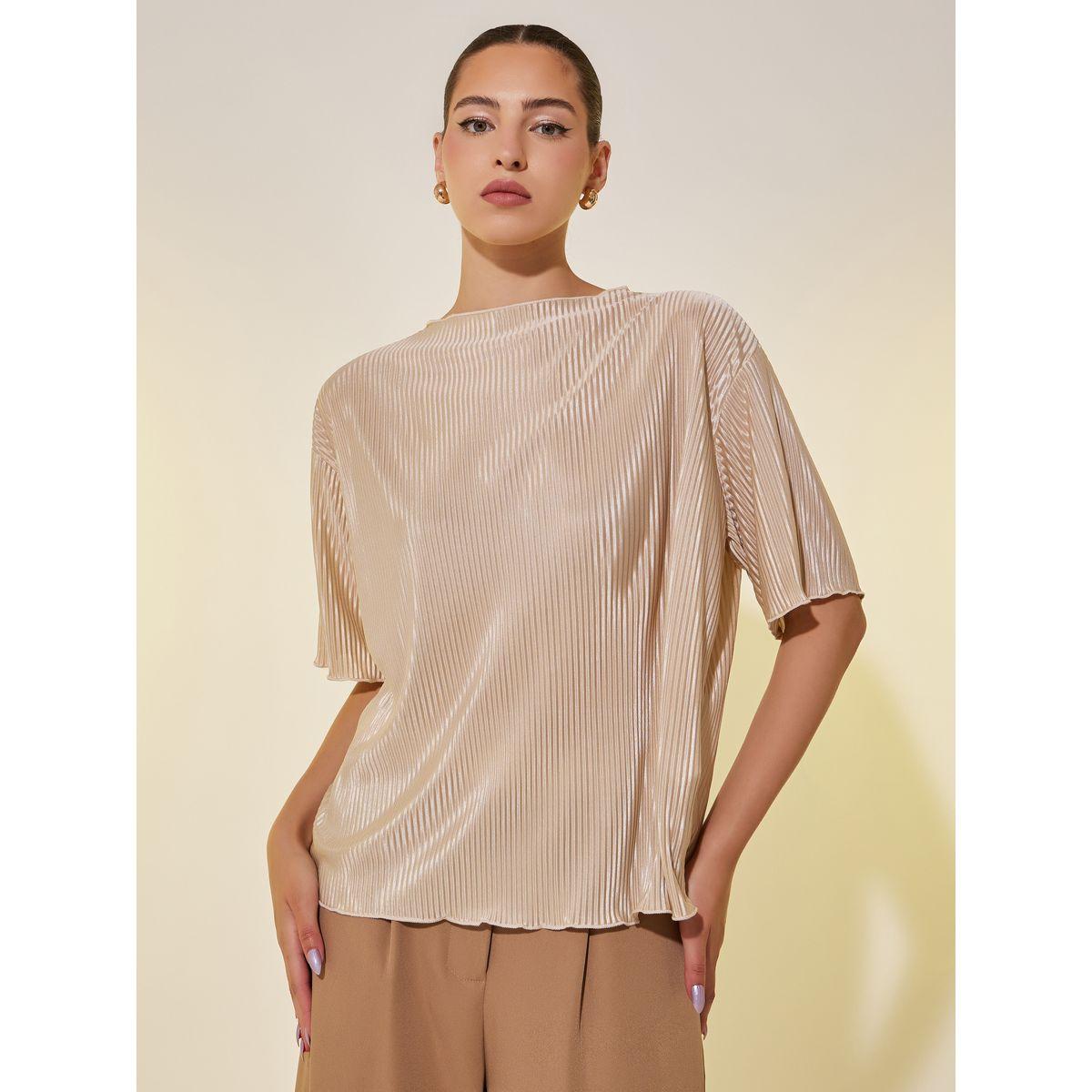 Styli Plain Pleated Round Neck Regular Fit T-Shirt-women-clothing-tshirts-image-2