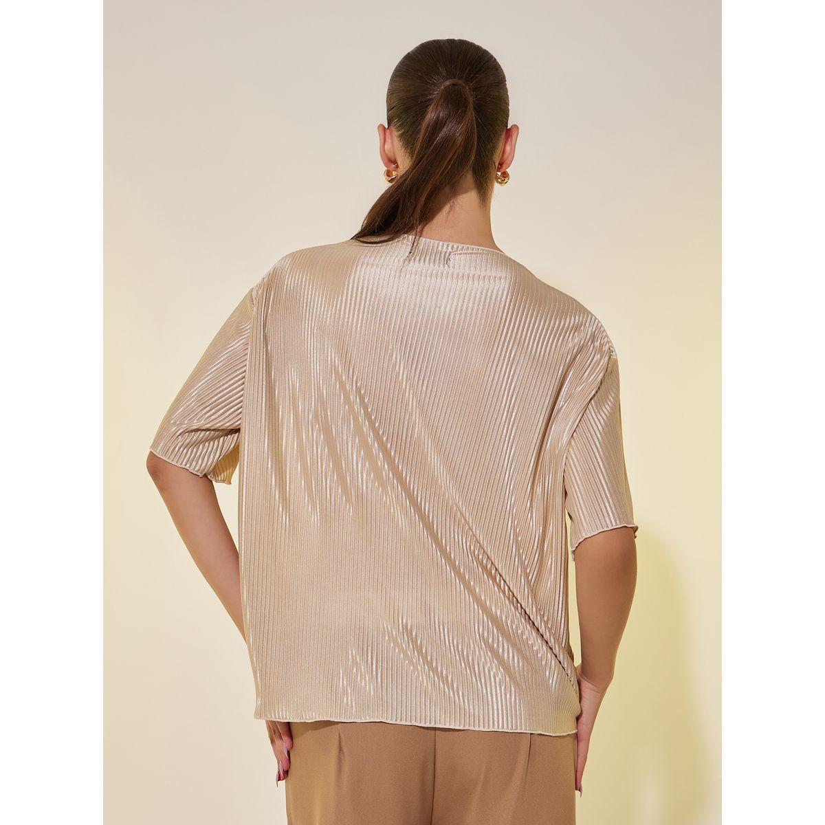Styli Plain Pleated Round Neck Regular Fit T-Shirt-women-clothing-tshirts-image-5