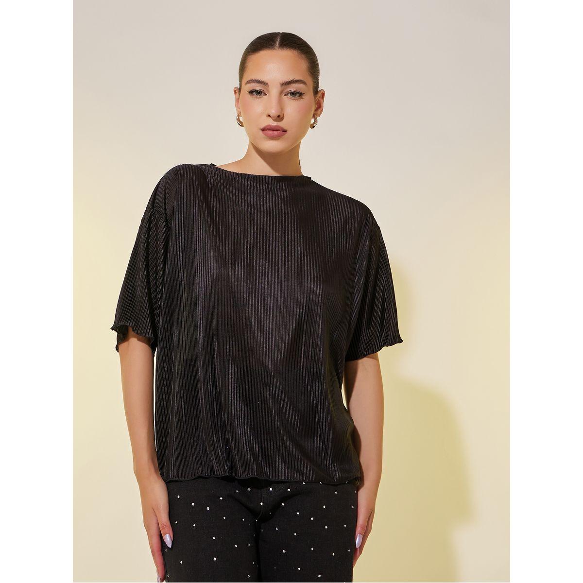 Styli Plain Pleated Round Neck Regular Fit T-Shirt-women-clothing-tshirts-image-1