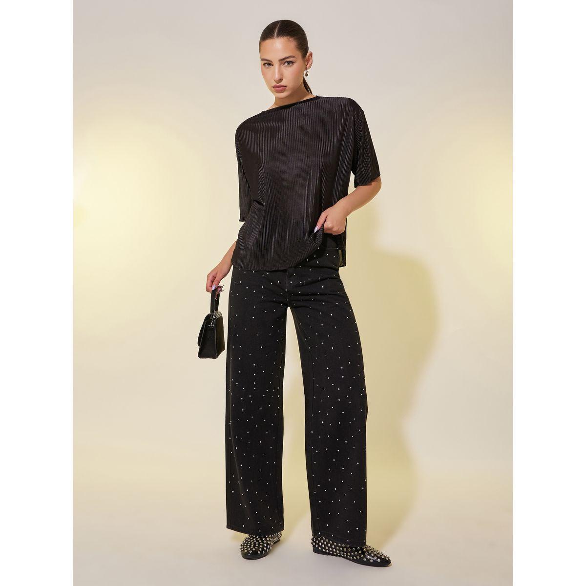 Styli Plain Pleated Round Neck Regular Fit T-Shirt-women-clothing-tshirts-image-3
