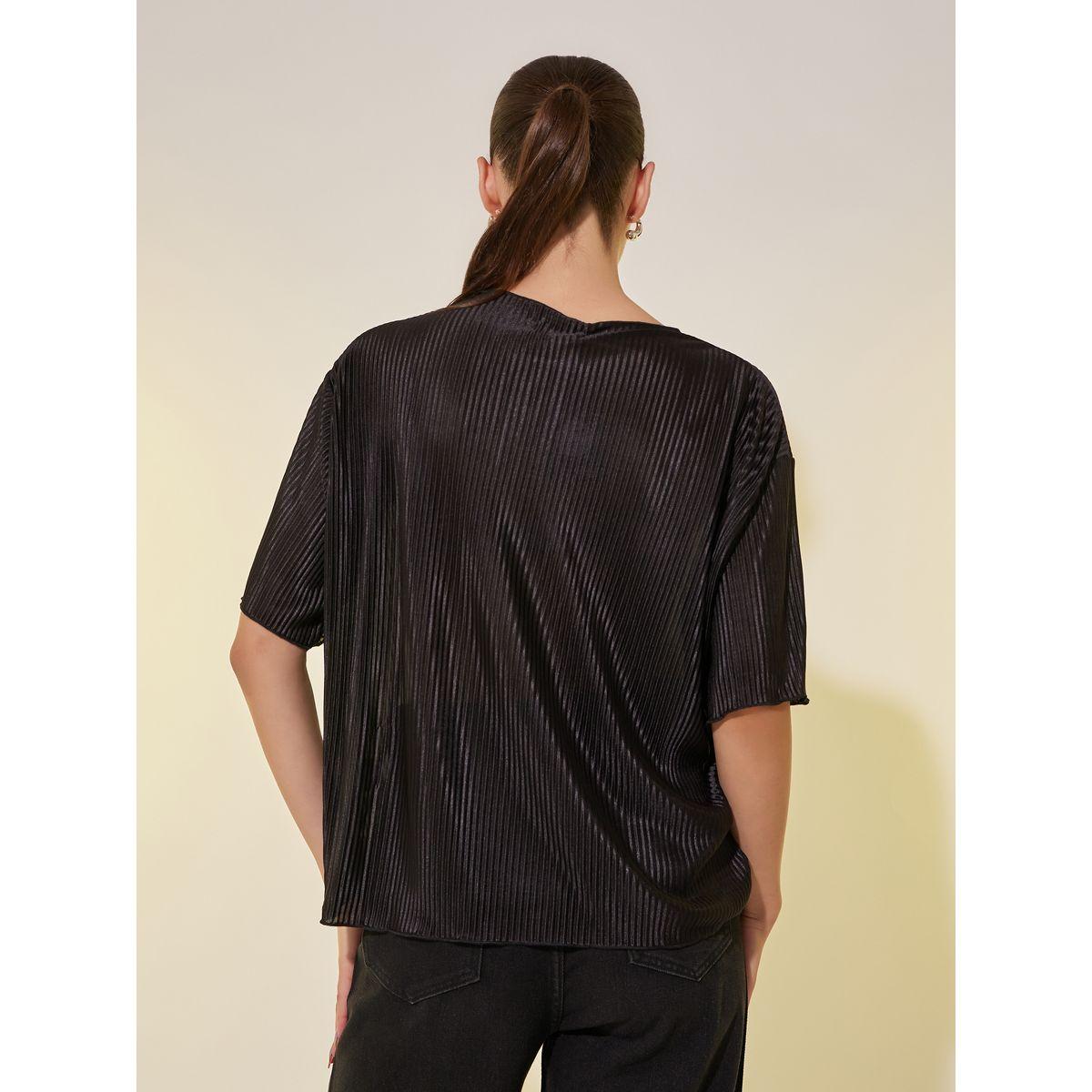 Styli Plain Pleated Round Neck Regular Fit T-Shirt-women-clothing-tshirts-image-4