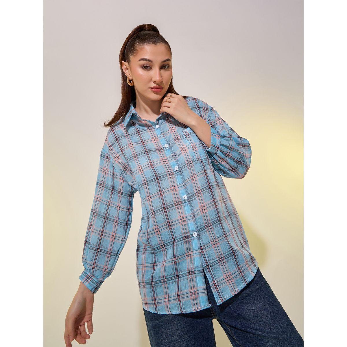 Styli Checked Spread Collar Regular Fit Shirt-women-clothing-shirtsandblouses-shirts-image-1