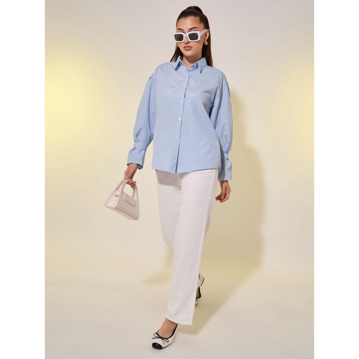 بلوزة مخططة بقصة عادية وياقة سبريد-women-clothing-shirtsandblouses-shirts-image-2