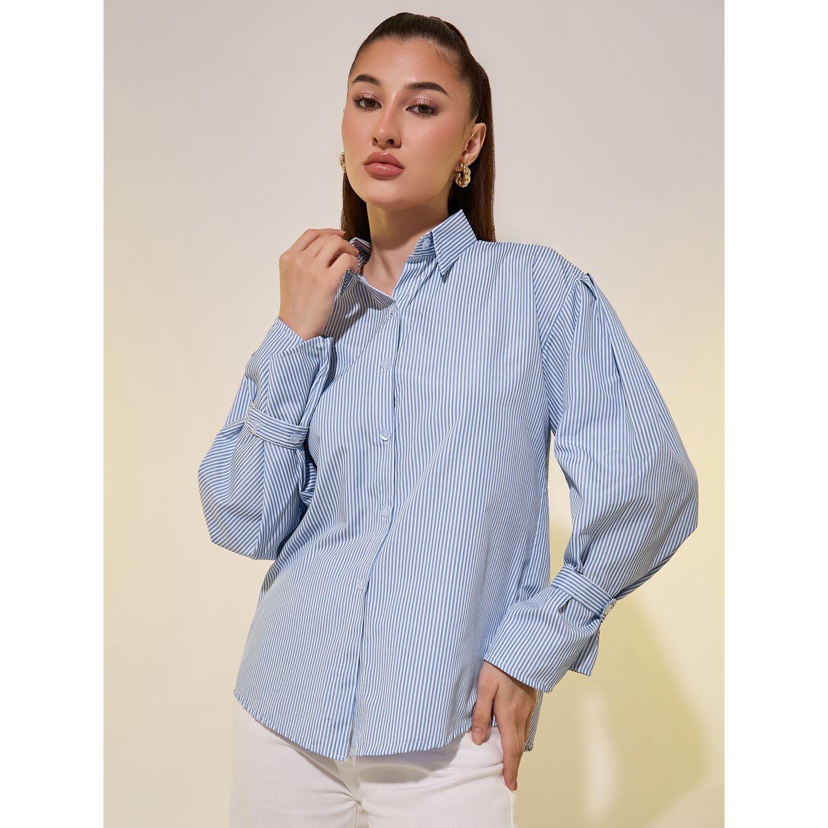 بلوزة مخططة بقصة عادية وياقة سبريد-women-clothing-shirtsandblouses-shirts-image-3