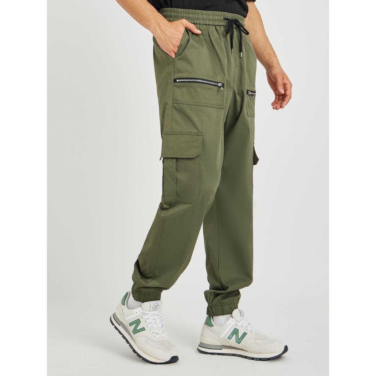 Styli Men Olive Solid Relaxed Fit Cargo Joggers with Zipper Detail-men-clothing-bottoms-joggers-image-1