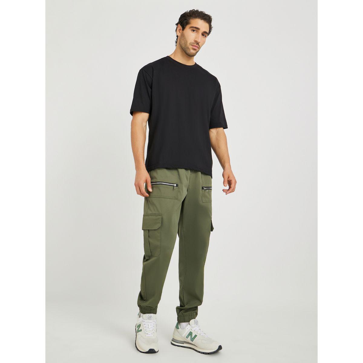 Styli Men Olive Solid Relaxed Fit Cargo Joggers with Zipper Detail-men-clothing-bottoms-joggers-image-2
